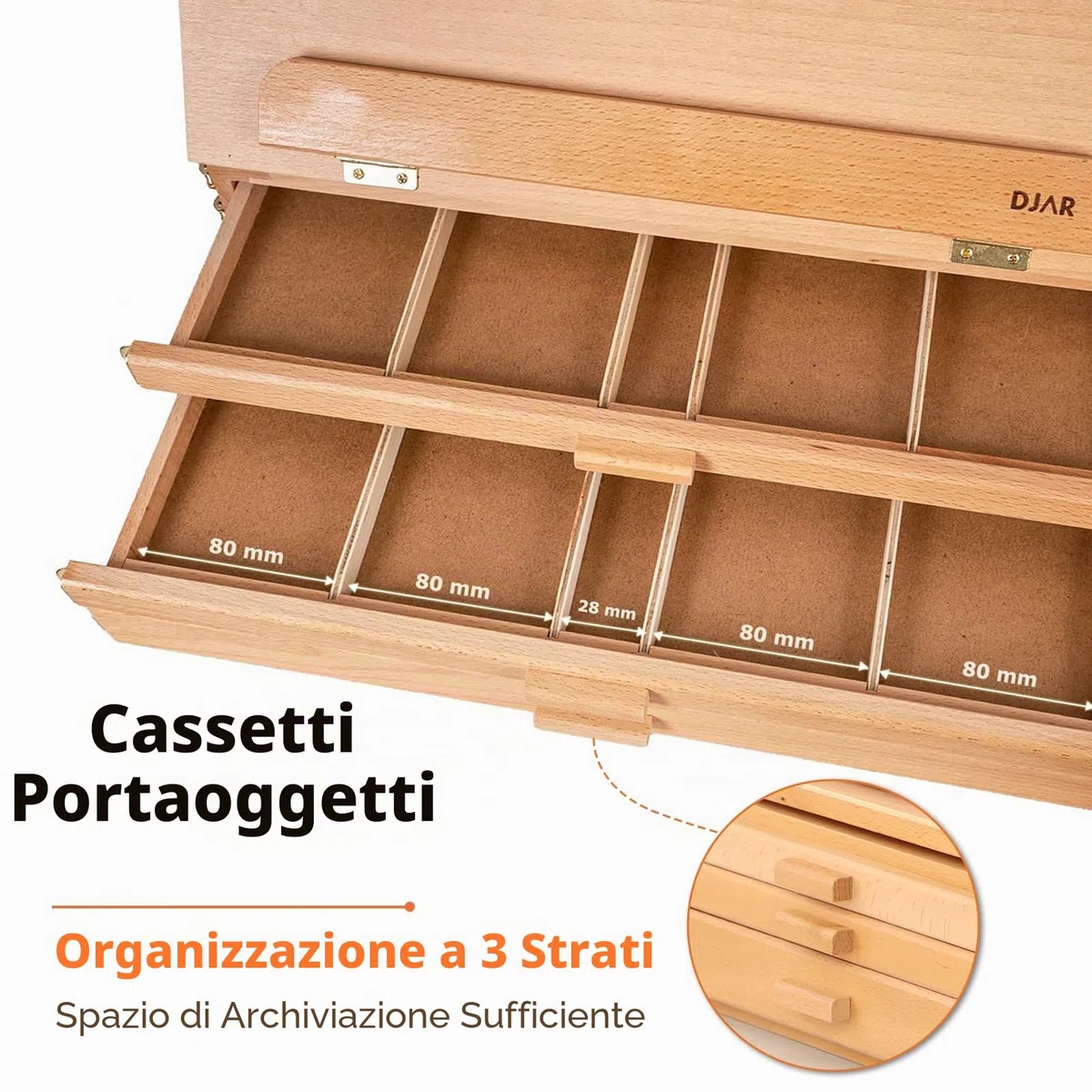 DJAR Cavalletto da tavolo per pittura con 3 cassetti portaoggetti, regolabile e portatile in legno di faggio, Sketchbox da scrivania, supporto per pittura artistica per adulti e studenti