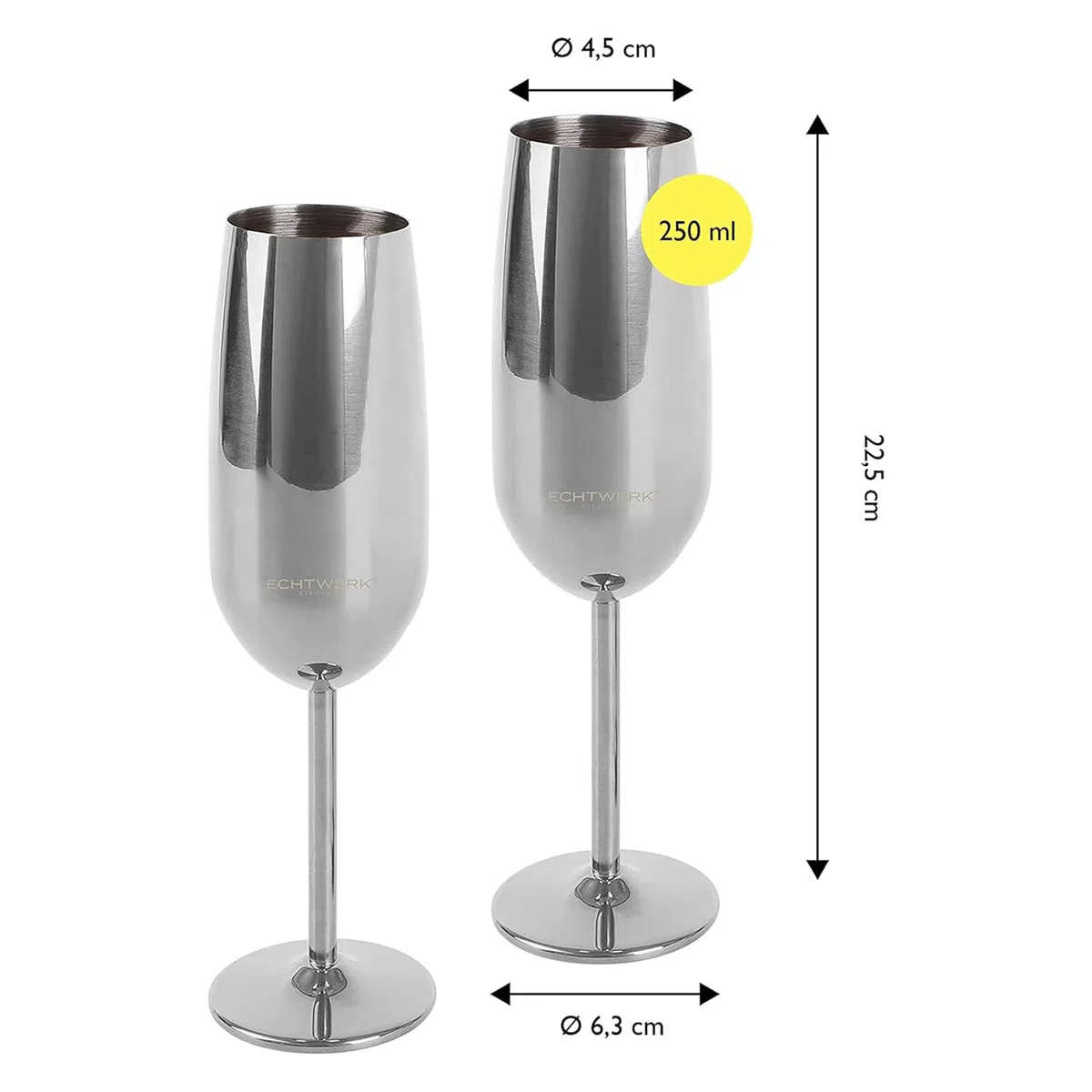 ECHTWERK Set di 2 bicchieri da champagne e spumante, acciaio inox, edizione argento, 250 ml, 22,5 x 6,3 cm