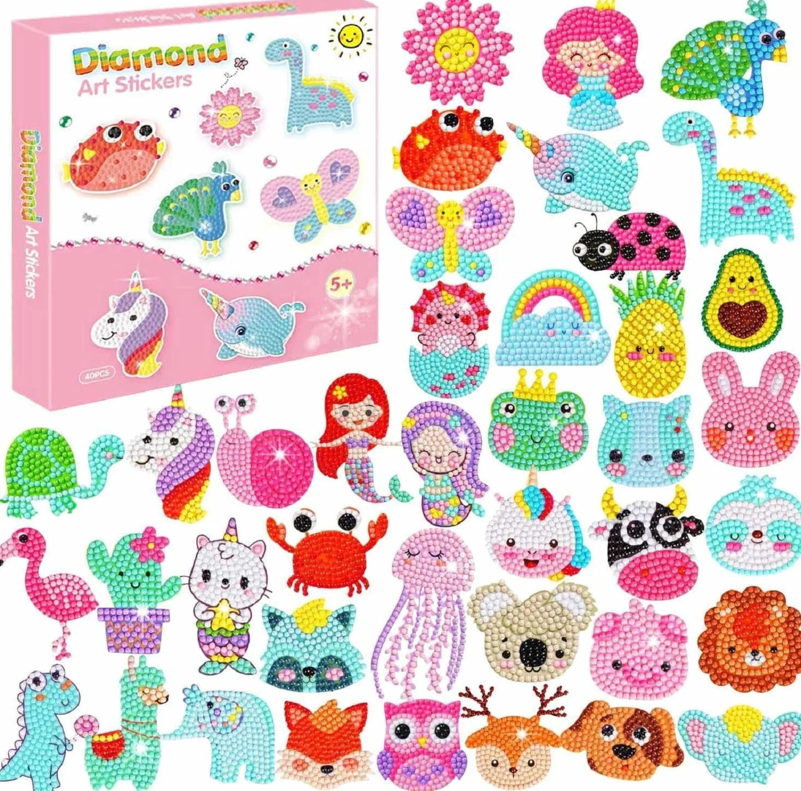 BOUTIKS 40 Pezzi 5D Diamond Painting Adesivi Bambini Kit Scatola DIY Mondo Animale Marino Pittura Diamante Arte Mosaico Adesivi