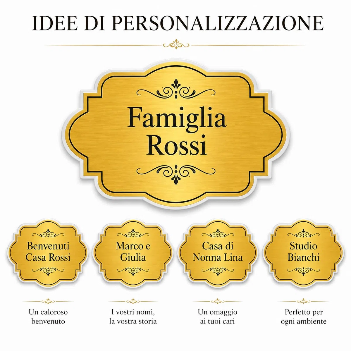 Targa Porta Ingresso Personalizzata in Plexiglass, Targhetta Adesiva Fuori Porta Casa con Nomi Famiglia, Biadesivo Incluso, Sfondo Oro Argento Bianco, Decoro a Scelta