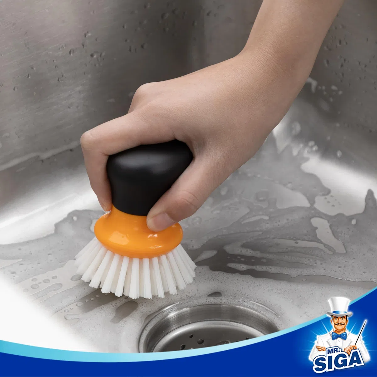MR.SIGA Spazzola per piatti con manico ergonomico, Spazzola lavapiatti per piatti, pentole, padelle per la pulizia della cucina, Arancione, 2 pezzi