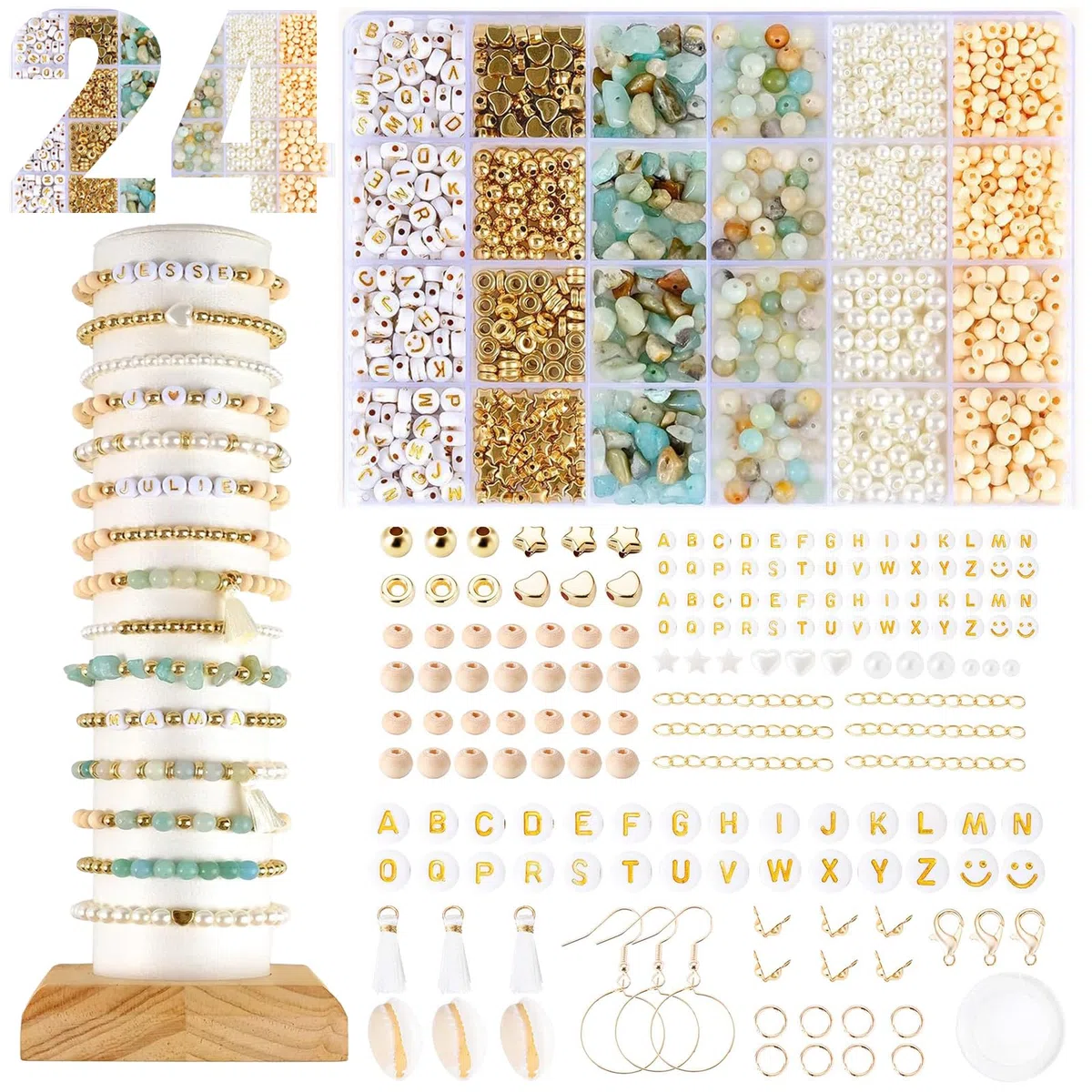 Perline Per Braccialetti, Perline di Semi con Perlines di Lettere, Kit Fai da Te Kit per la Creazione di Gioielli Pietre Preziose Naturali per Gioielli Braccialetti Collane Orecchini, Accessori
