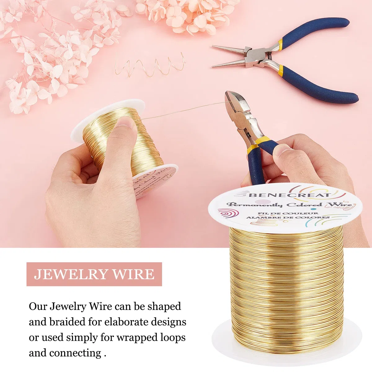 BENECREAT Filo di perle da 26 calibri, 0,4 mm, 120 m, filo di rame resistente all'ossidazione, per imballaggio di perle e altri lavori artigianali in oro chiaro