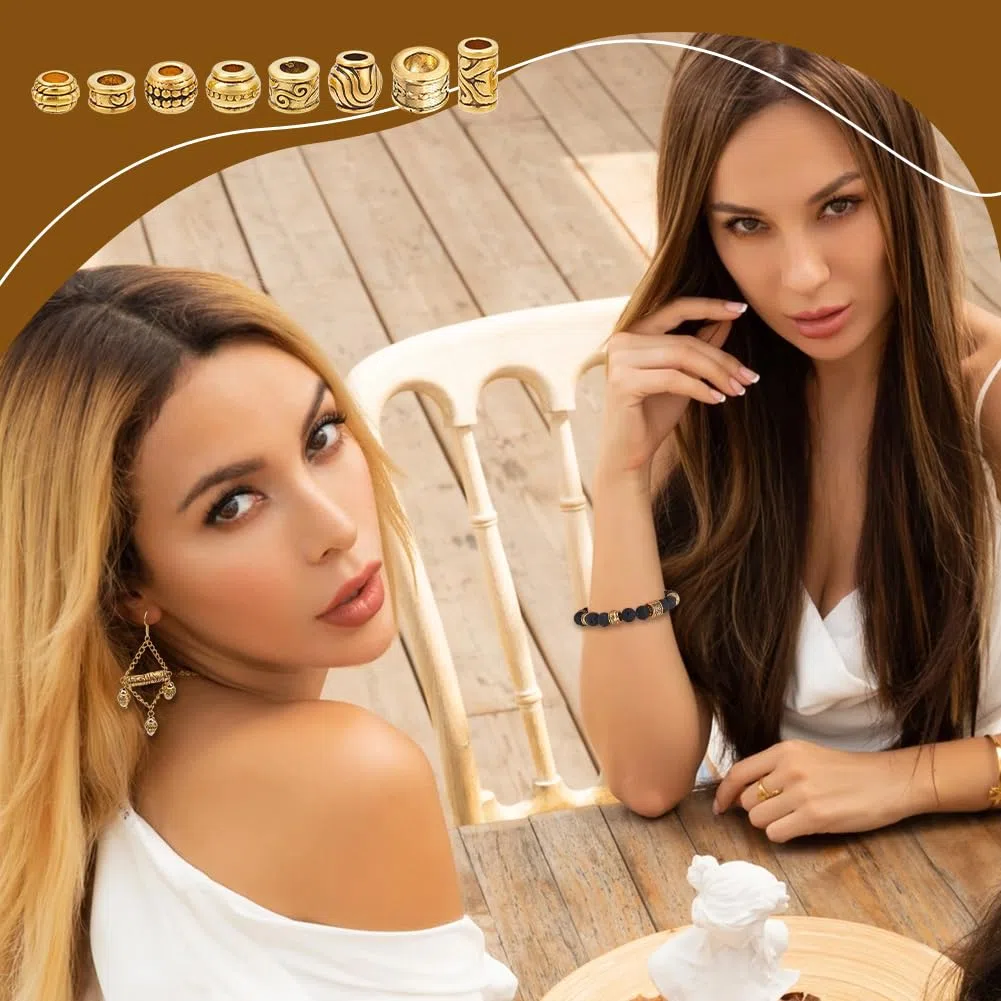 NBEADS 80 pz Perline Europee In Lega, 8 Stili Perline per Capelli Africani Lega Catene Europee Perline per Bracciale Collana Fai Da Te Creazione di Gioielli, Foro Dorato Antico: 5.5-6mm