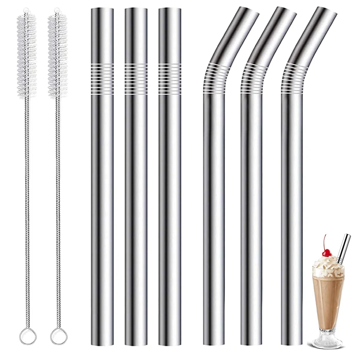 8 Pezzi Cannucce Dritte e Piegate, 10mm Cannucce in Acciaio Inox Riutilizzabili Extra Spesse, Cannucces di Metallo per Bubble Tea Cocktail, con 2 Pulitore di Paglia