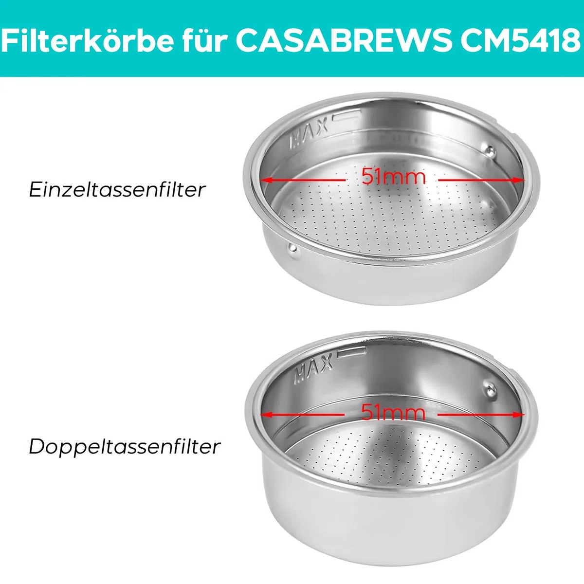 Filtro per caffè da 51 mm per macchina per caffè espresso CASABREWS CM5418, due unità tra cui una tazza e una tazza doppia