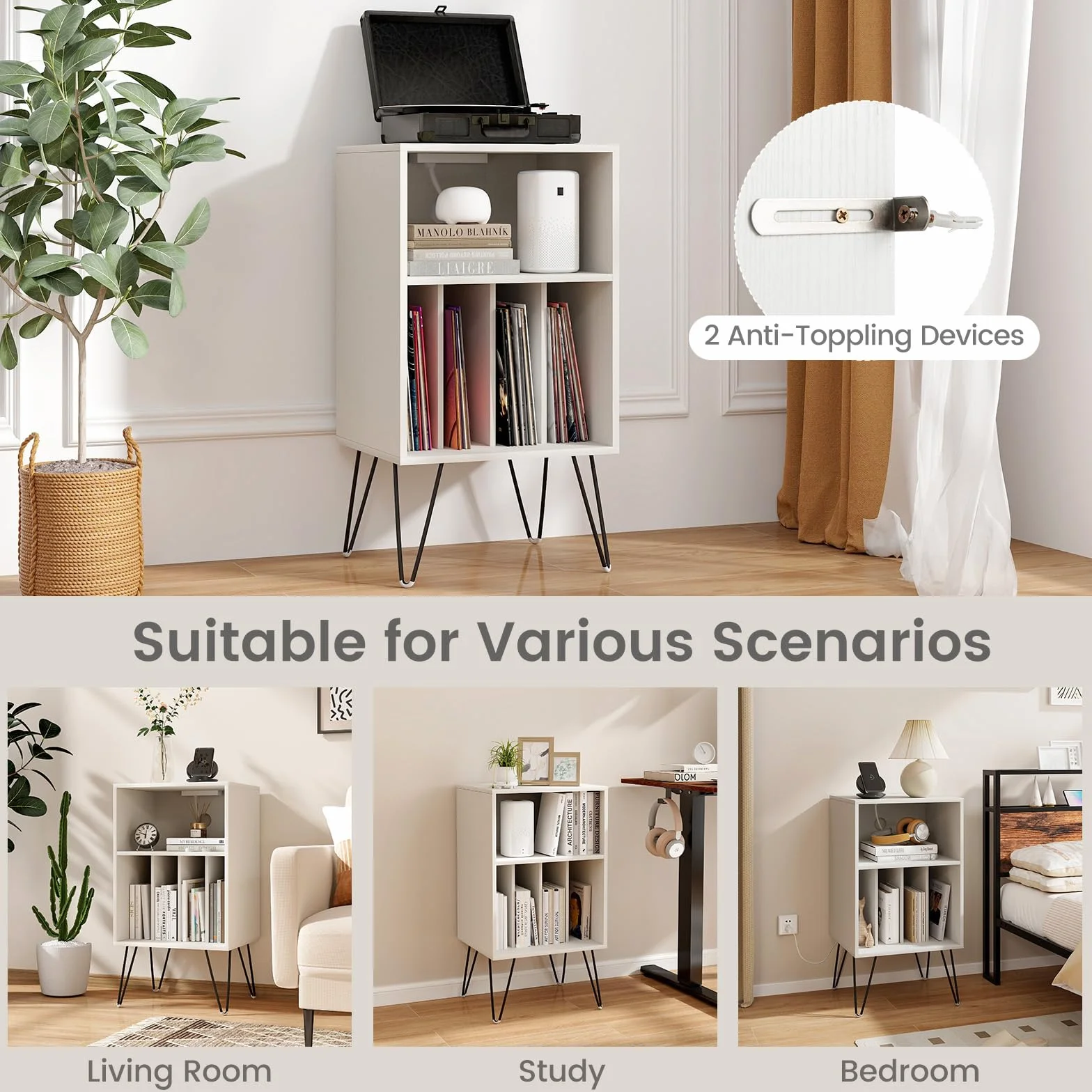 GIANTEX Scaffale per Giradischi a 3 Livelli, Stand per Giradischi Domestico con Stazione di Ricarica, Tavolo Porta Dischi in Vinile con Mensola e 4 Divisori, Scaffale Espositivo (Bianco)