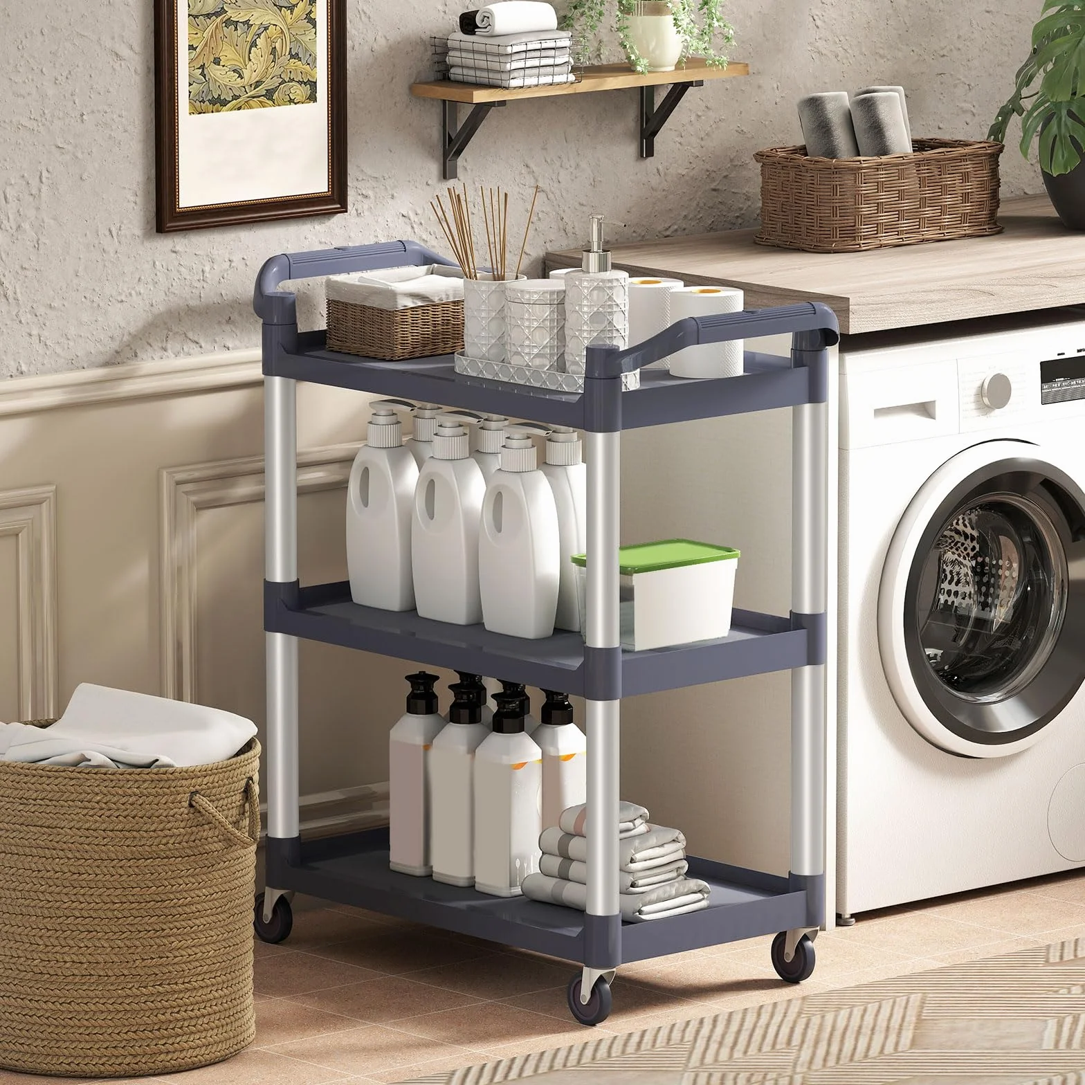 HOMCOM Carrello da cucina in lega di alluminio con ruote Carrello da cucina a 3 livelli Carrello portaoggetti carico 105 kg per Sala da pranzo Bagno 88x44x93 cm Grigio