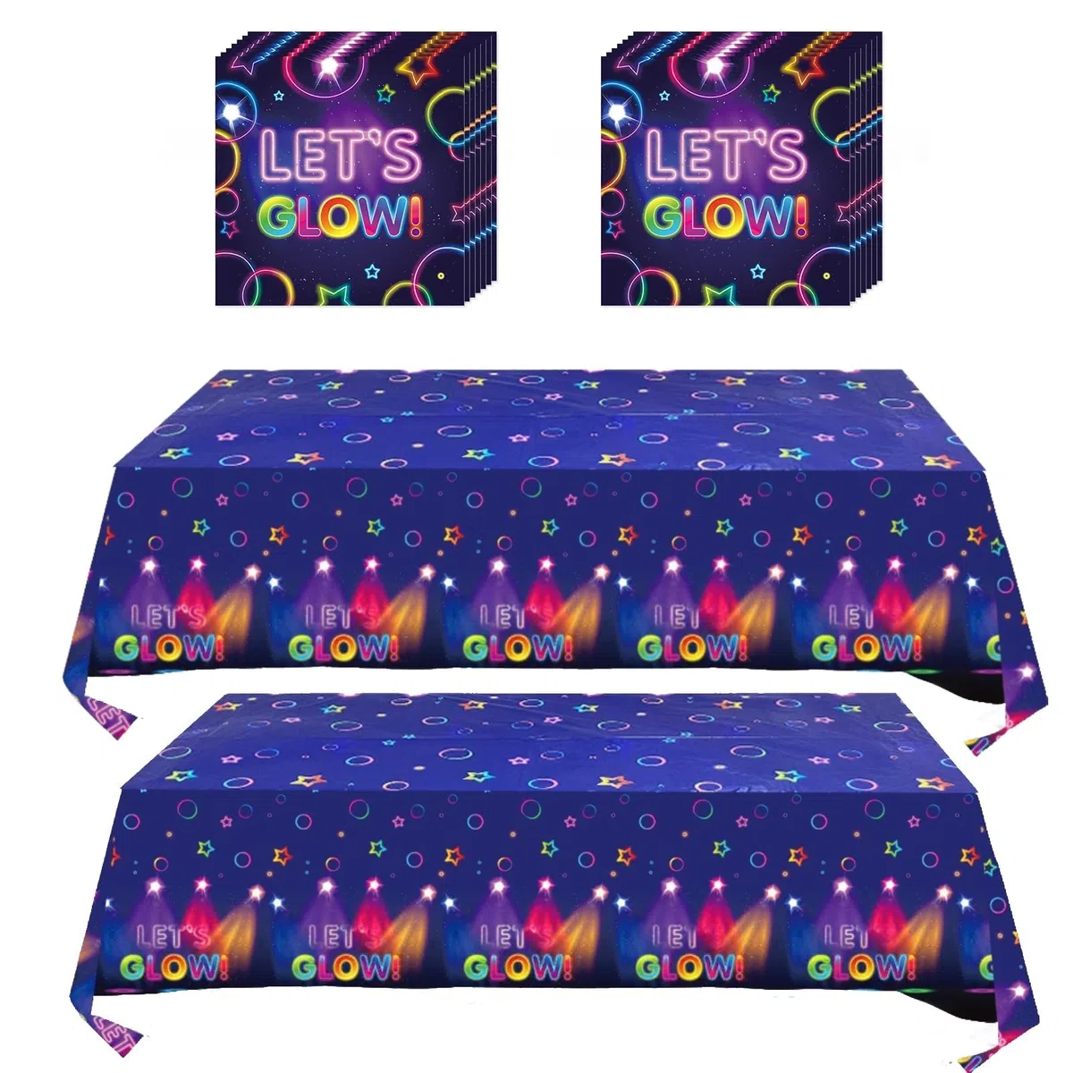 Set di 2 tovaglie impermeabili con 20 tovaglioli fluorescenti, reattivi ai raggi UV, in plastica PE facile da pulire, per feste di compleanno, decorazioni per interni ed esterni (stile A)