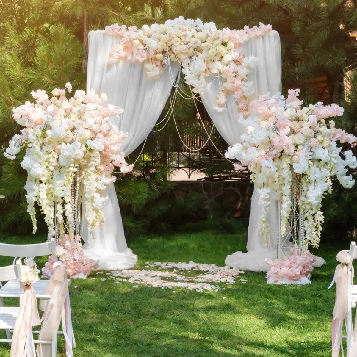 Set di 2 archi per matrimoni, 75 x 600 cm, in tulle trasparente, decorazione per archi di nozze, cerimonie