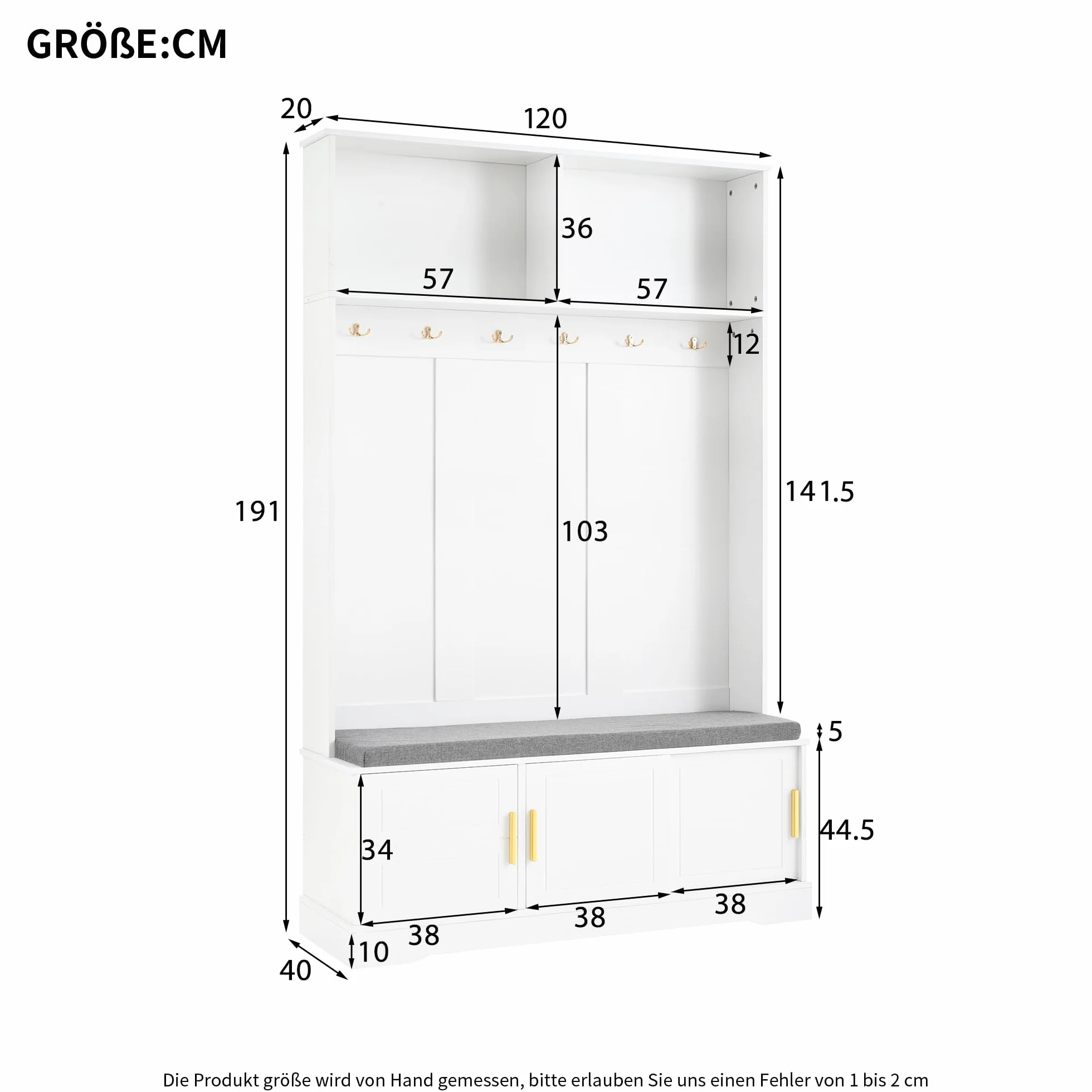 Appendiabiti con panca per scarpe, guardaroba, 6 ganci tripli, indipendente, salvaspazio, per ingresso, corridoio, 120 x 40 x 191 cm (bianco)
