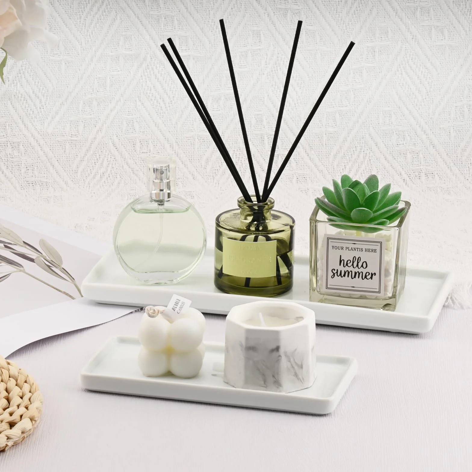 Vassoio Bagno Portaoggetti in Ceramica, Organizer per Vassoio Bianco Rettangolare, Decorativo Svuotatasche Moderno per Profumi, Sapone, Candele, Cucina (L)
