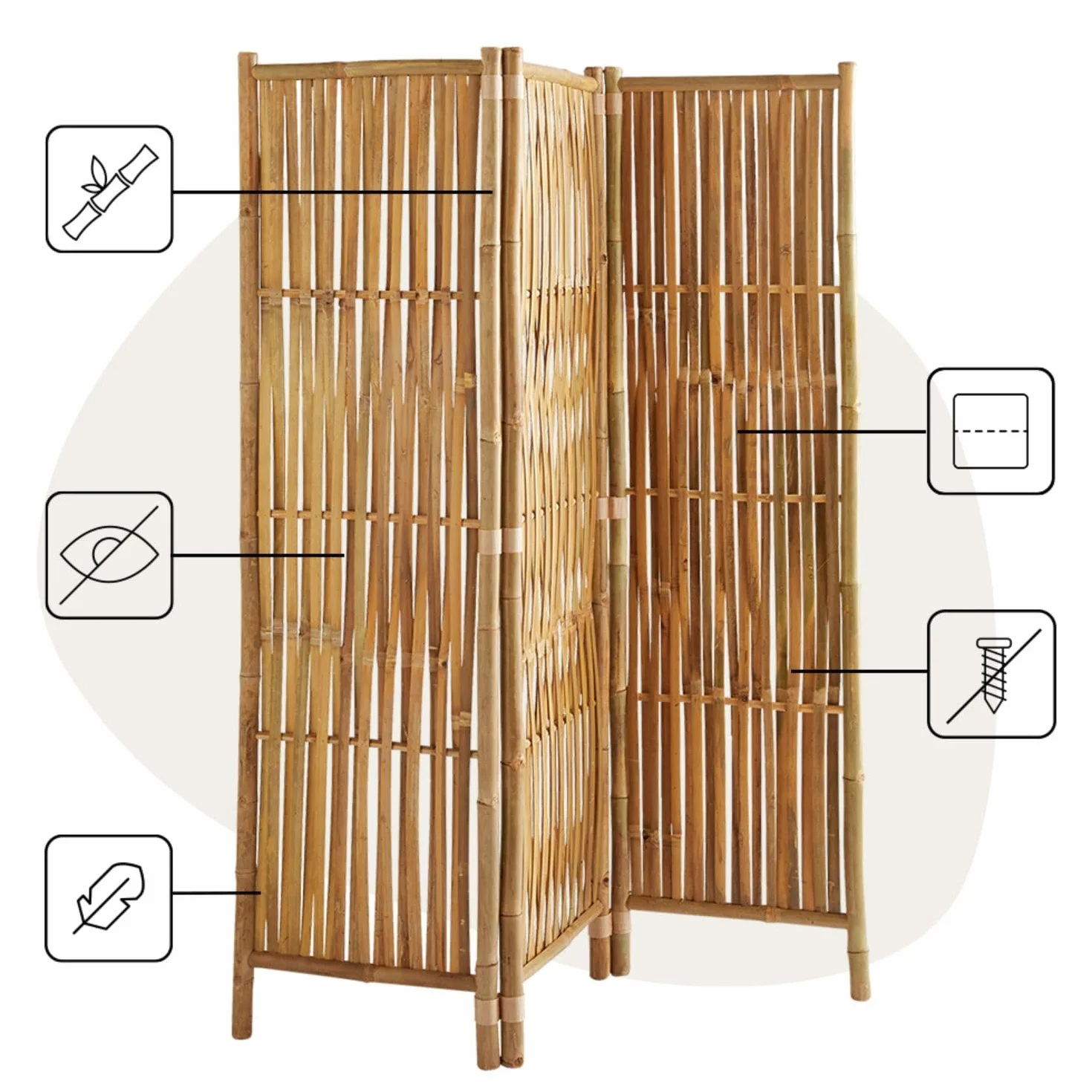 Box & Beyond - Paravento da interno - 160 x 139 cm - Separatore di stanza in bambù naturale - 3 pannelli - Paravento per camera da letto, soggiorno - divisorio amovibile