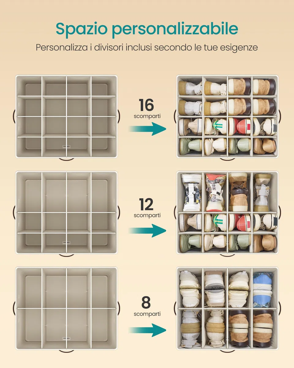 SONGMICS Organizer Scarpe, per 16 Paia, Scatola Contenitore Scarpe, Maniglie, con Coperchio Trasparente, Regolabile, per Armadio, Beige Cappuccino LSP555K01