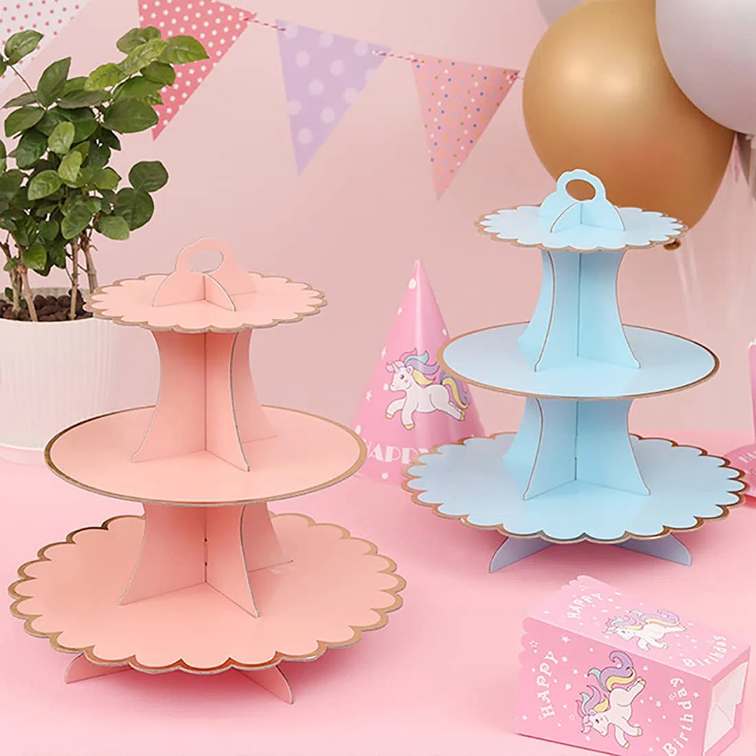 2 CONFEZIONE Supporto per torte in cartone, supporto per cupcake a 3 livelli, tonda in carta, supporto per dessert monouso, per compleanno, tè pomeridiano, matrimonio, anniversario, festa di