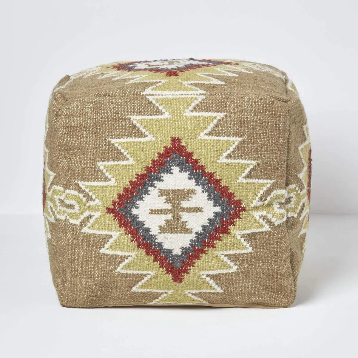 Homescapes - Pouf Kilim realizzato a mano, con imbottitura in fagioli, 43 x 43 cm, in lana e cotone ricamati a mano, motivo geometrico "Jaipur"