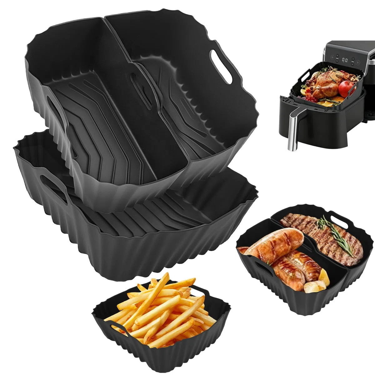 VINATO Set di 3 Teglie per Friggitrice ad Aria in Silicone - Accessori per Friggitrice ad Aria con Separazione Grasso, Lavabile in Lavastoviglie - Per COSORI, Ninja, Philips, Tefal, Russell Hobbs