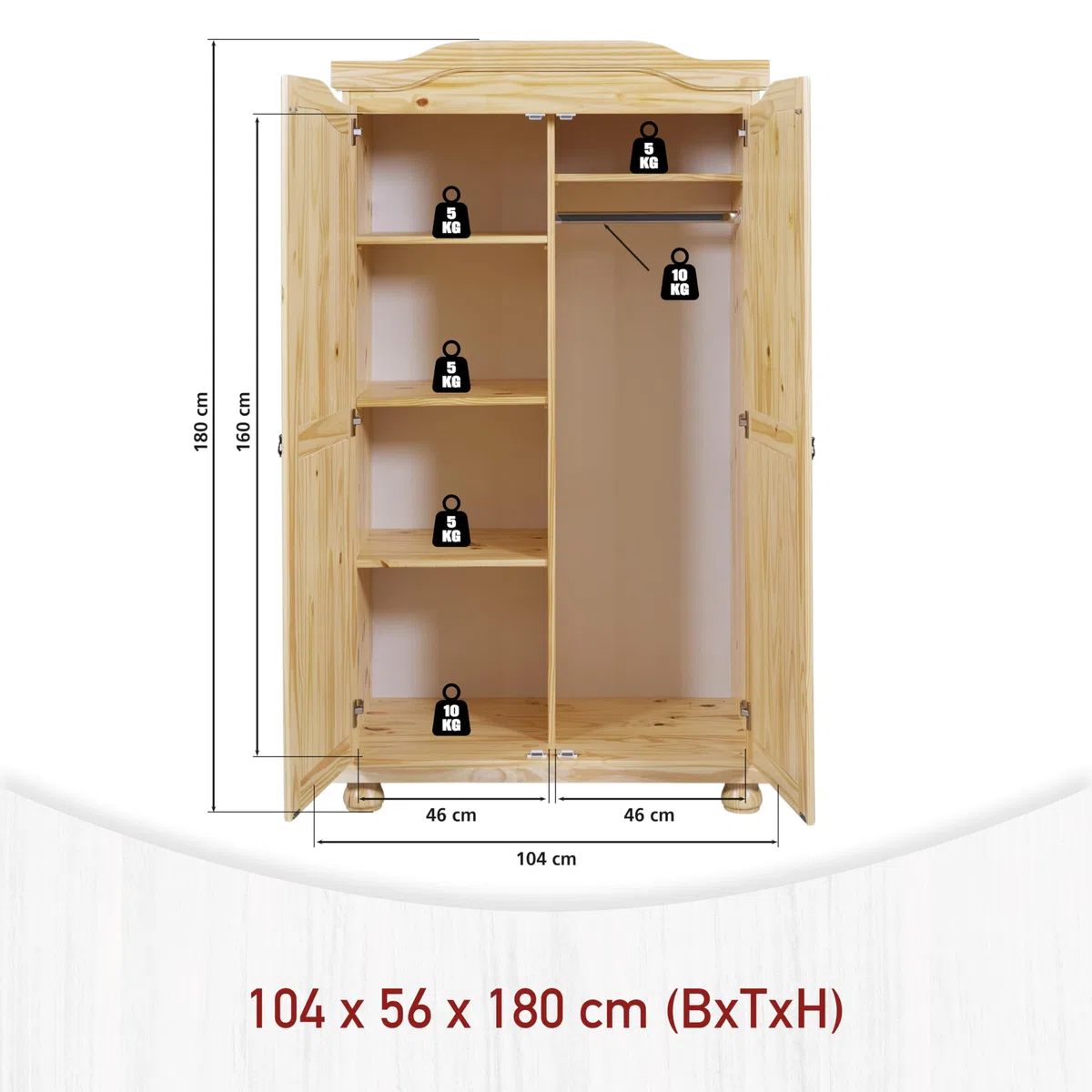 Inter Link - Armadio rustico - Armadio da camera 2 ante - 1 spazio per appendere e 5 nicchie - Armadio in pino massiccio - Vernice naturale - L :104 x P :56 x H :180 cm - Genf