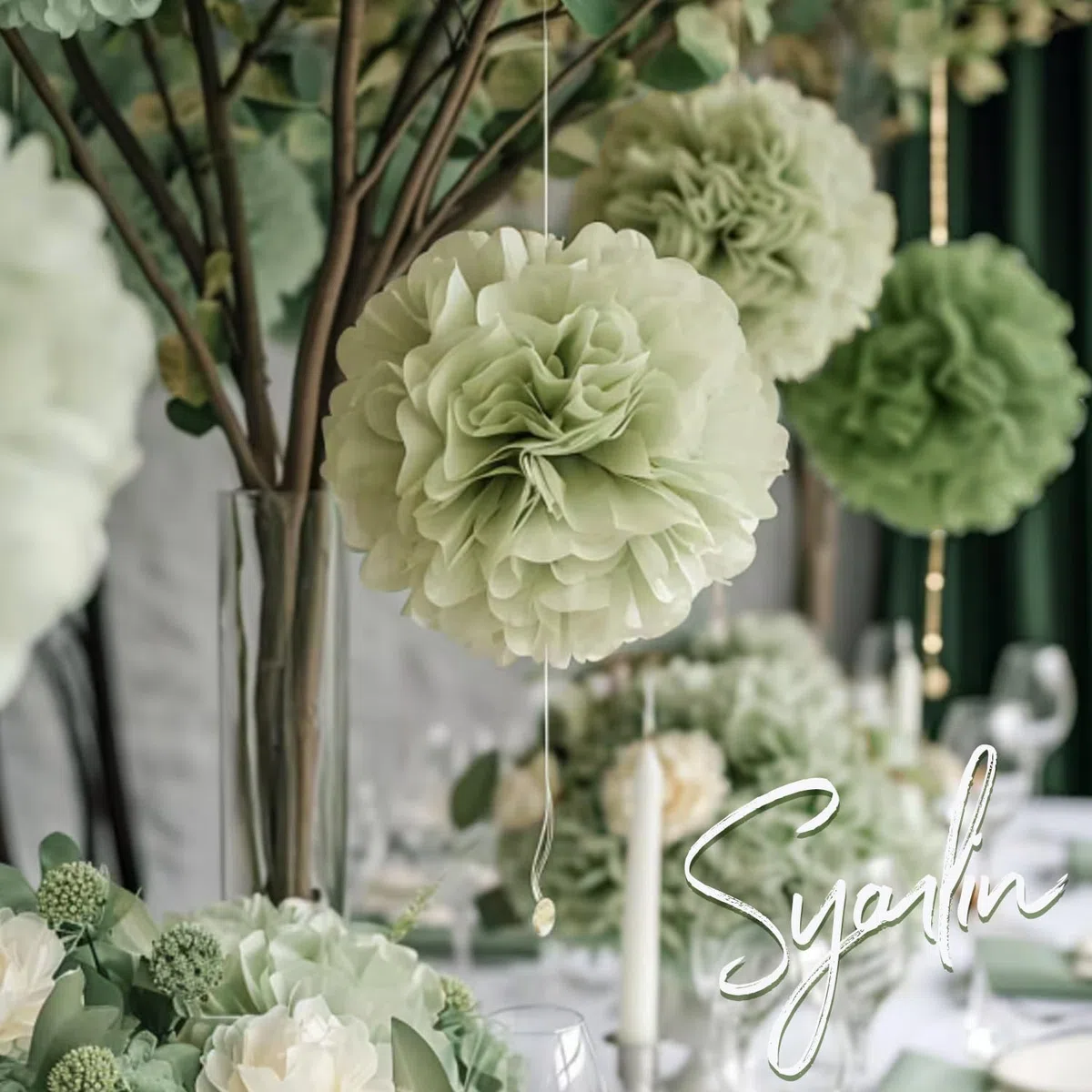 Syoulin Fiori di Carta Giganti [15Pezzi] - Decorazioni per Matrimonio, Battesimo, Compleanno, Giardino - Pon Pon in Carta Velina Floreale per Feste