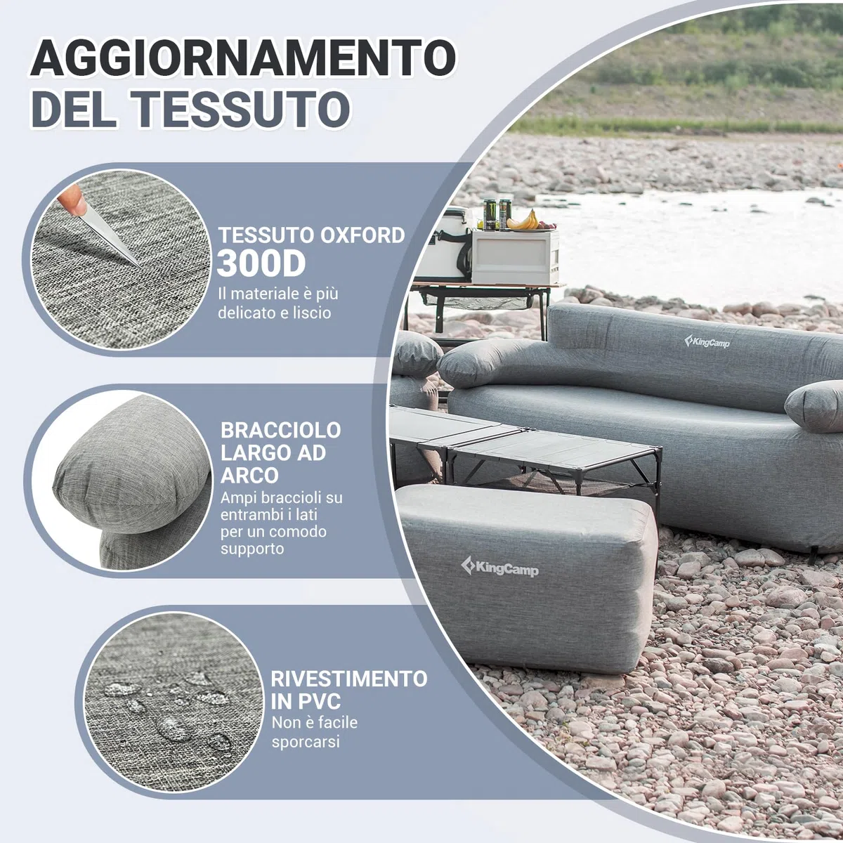KingCamp Divano Gonfiabile ad Aria 2 Posti, con Pompa a Pedale, Alta Qualità Robusto, Copertura Esterno in Tessuto Rimovibile Lavabile, Adatto per Campeggio, Casa, Giardino, Festival Musicale ecc.