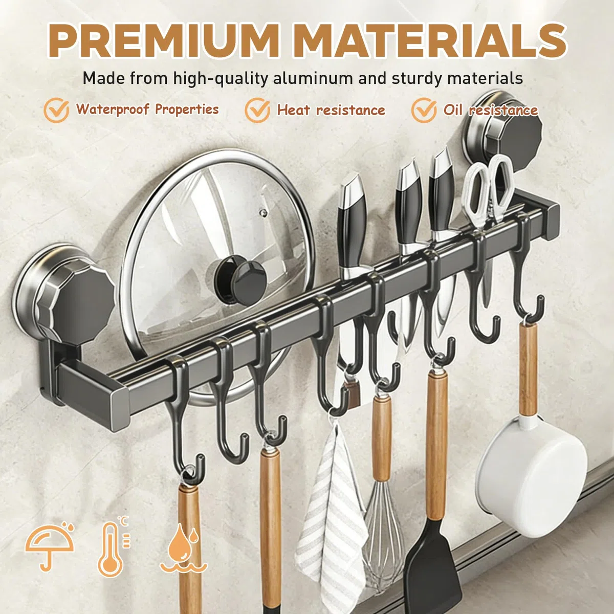 Barra Portautensili Cucina, Porta Utensili Cucina Senza Forare, Appendi Mestoli Doppia Barra a Ventosa, 8 Ganci, 40 cm, Portata 20 kg, Barra a Gancio Rimovibile per Cucina e Bagno
