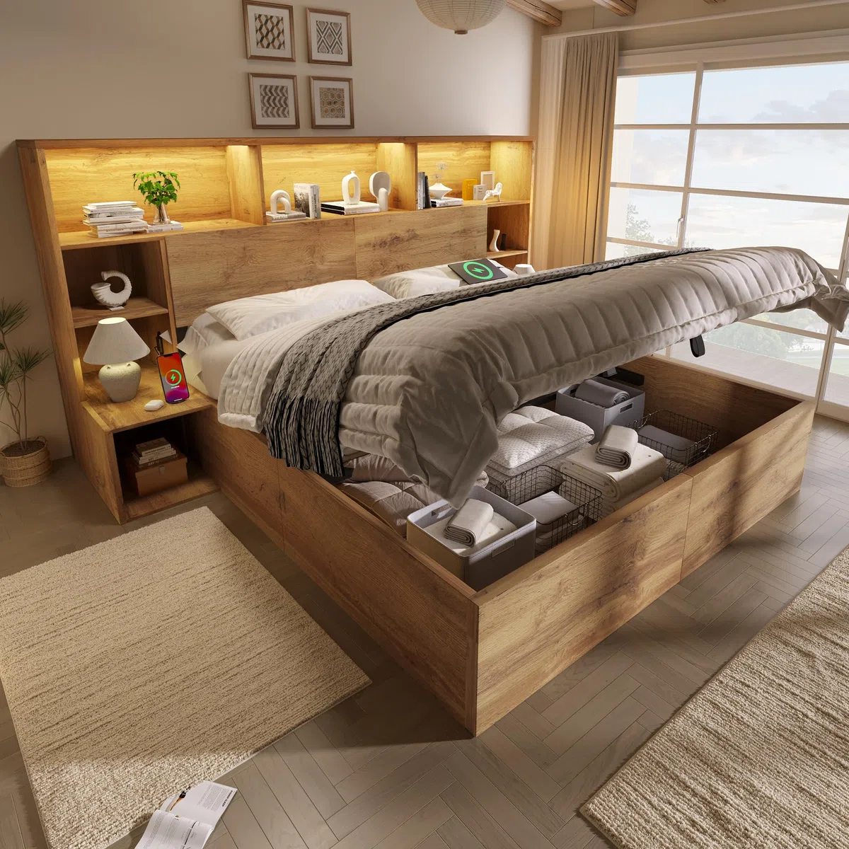 Kebnor Letto di sistema, effetto rovere con idraulico, letto matrimoniale in legno con comodini integrati, struttura del letto con rete a doghe e testiera, LED & USB-C, senza materasso (160 x 200 cm)