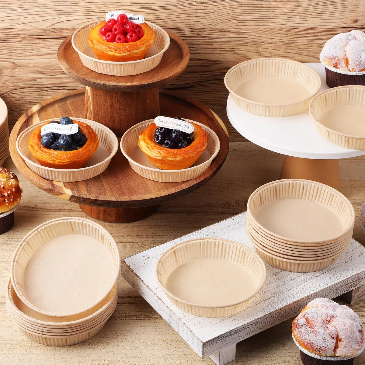 Tofficu Mini Teglie Rotonde per Crostate 100 Pezzi 4 Pollici in Carta Usa e Getta per Stampi Monoporzione da Forno per Piccole Torte e Dessert