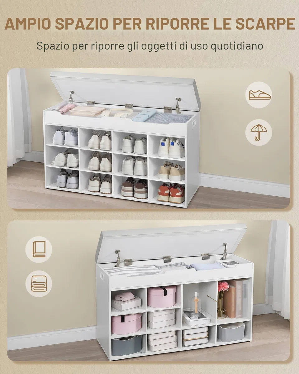 Hzuaneri Panca Scarpiera, Scarpiera con Seduta, Panca con Spazio di Archiviazione, 12 Scomparti, Ripiani Estraibili, Adatta per Soggiorno, Ingresso, Salvaspazio, 30 x 100 x 55,4 cm, Bianco SB53503GY