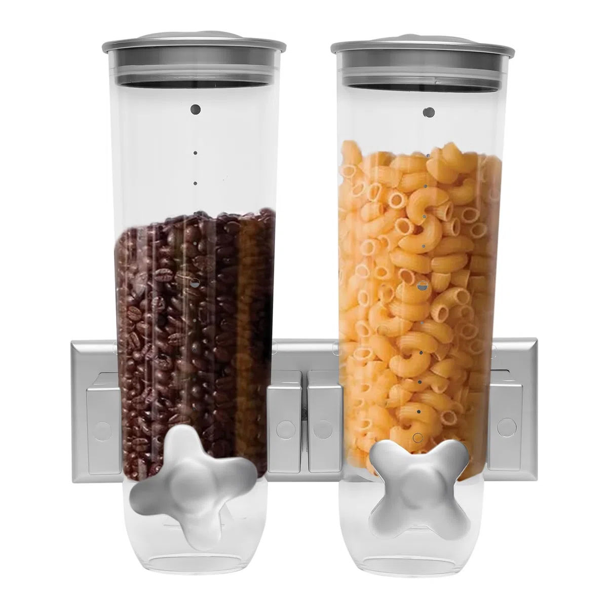 Dispenser per cereali, doppio montaggio a parete, 3 l, doppio contenitore, in plastica, per cereali, cereali e caramelle, 11,4 x 5,9 x 11,81 pollici, argento