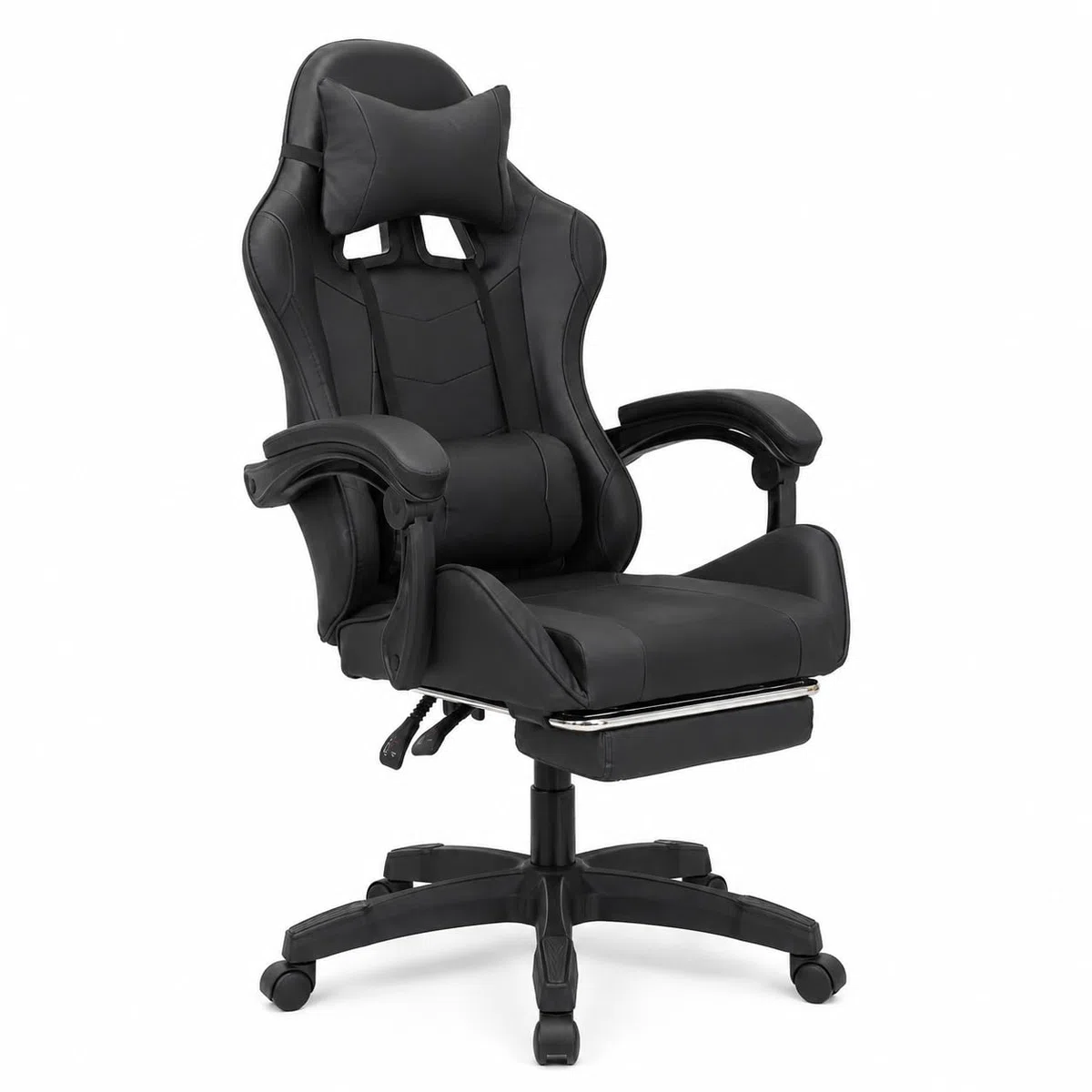 GARDENIA Poltrona Gaming Nera in Ecopelle, Sedia da Gaming Ergonomica con Seduta Imbottita, Schienale Reclinabile, Poggiapiedi Estraibile, Cuscino Lombare e Ruote in Nylon