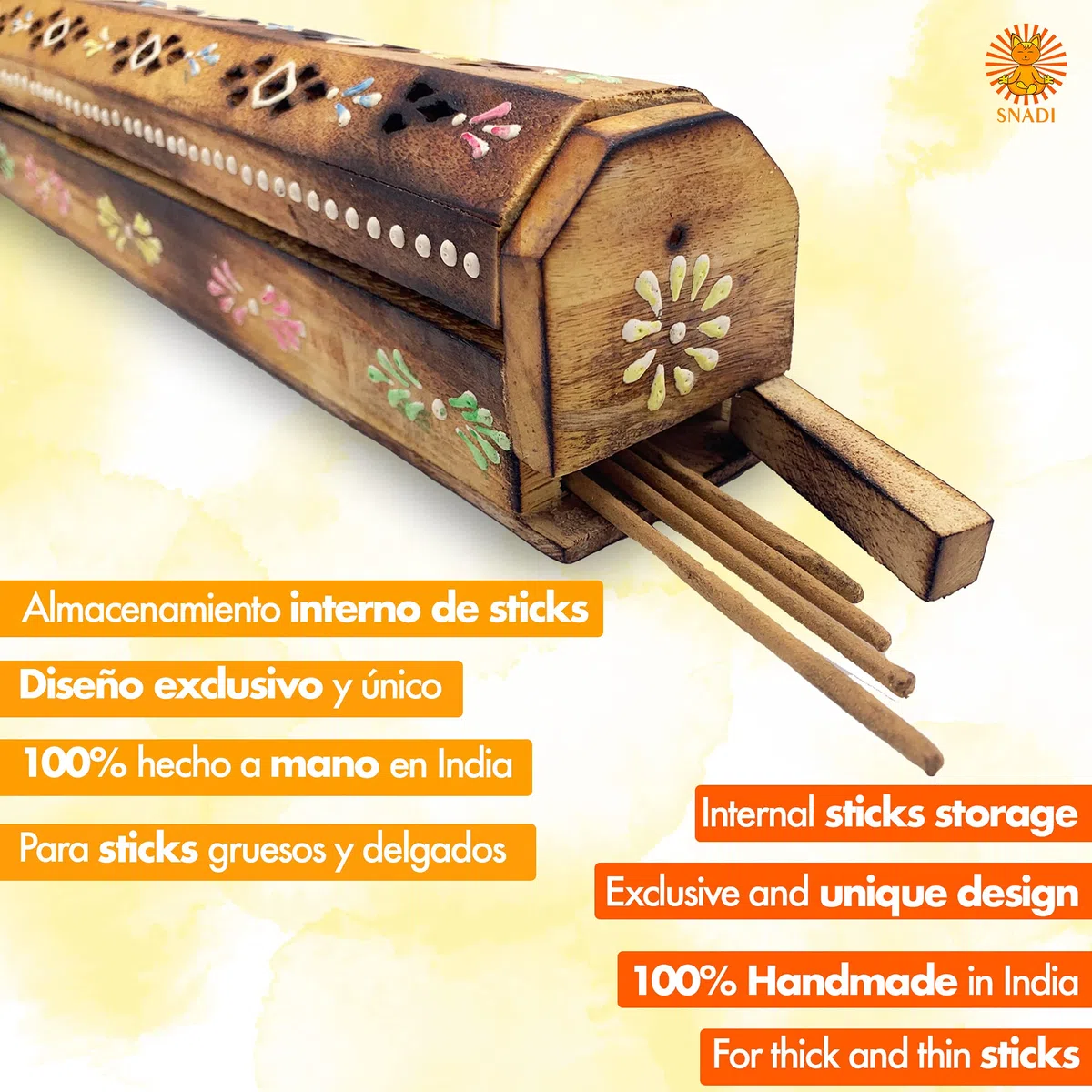 Bruciatore incenso (incensario) scatola di legno decorata a mano in India - Esclusivo disegno di sponde bianche ed elefanti 30,5 x 6,2 x 5,5 - - Peso 240 g. Porta incenso legno