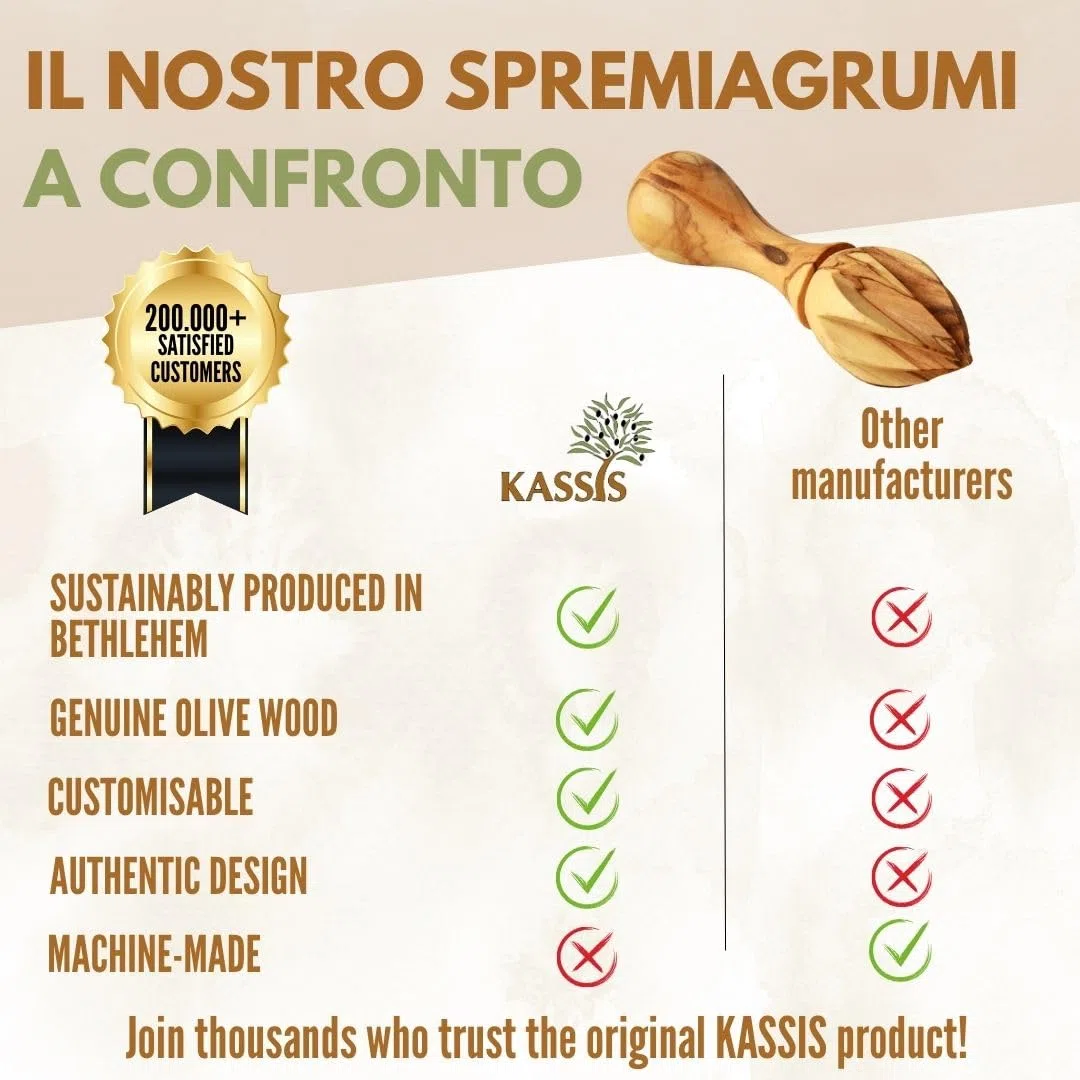 KASSIS Spremiagrumi in legno d'ulivo per succo fresco, per lime, per arance, fatto a mano 14 cm