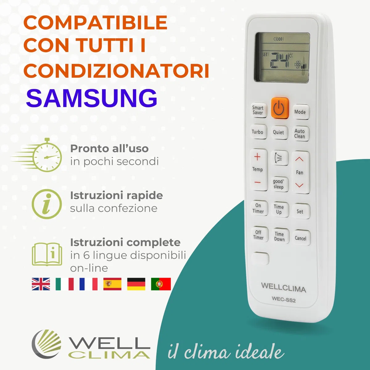 Wellclima Telecomando Universale per Climatizzatori Samsung, Compatibile con Tutti i Modelli, Simile agli Originali, Funzioni Avanzate, Utilizzo Immediato, Supporto Diretto