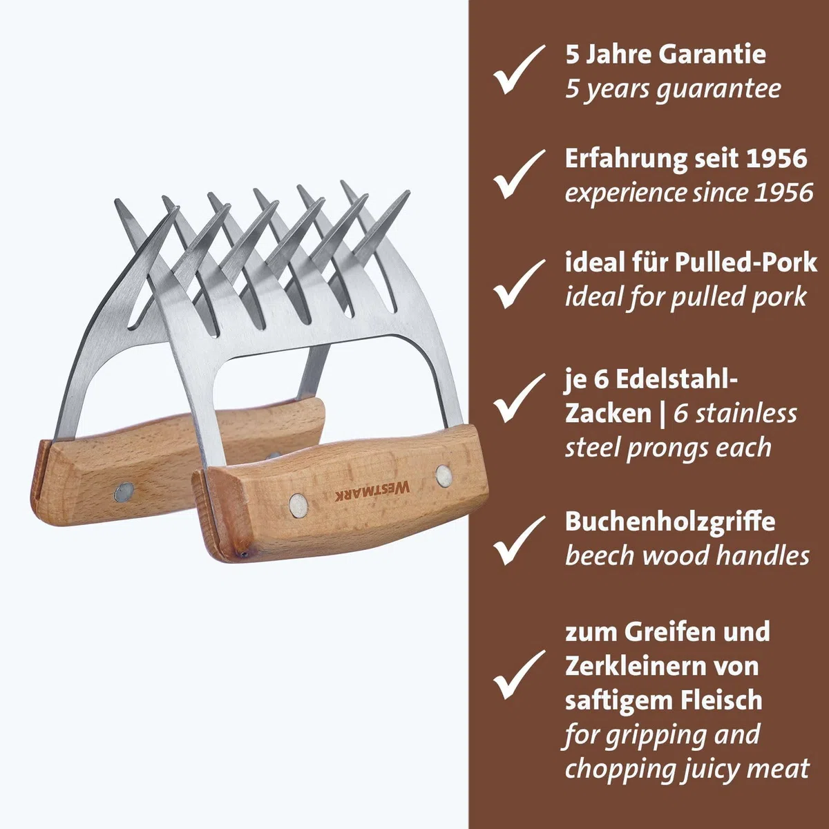 Westmark Artigli per carne – artigli per strappare e sminuzzare la carne, ideali per il pulled pork, pratico accessorio da cucina, barbecue e girarrosto – acciaio inox, 2 pz.