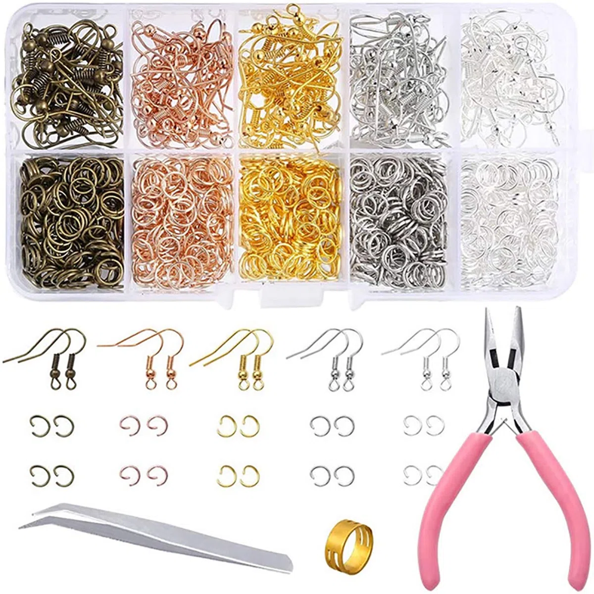 Kit per Realizzare Orecchini 1128 Pezzi - Forniture con Ganci, Anelli Divisori, Pinze, Pinzette, Apriscatole - per Fare Gioielli Fai da Te e Riparare