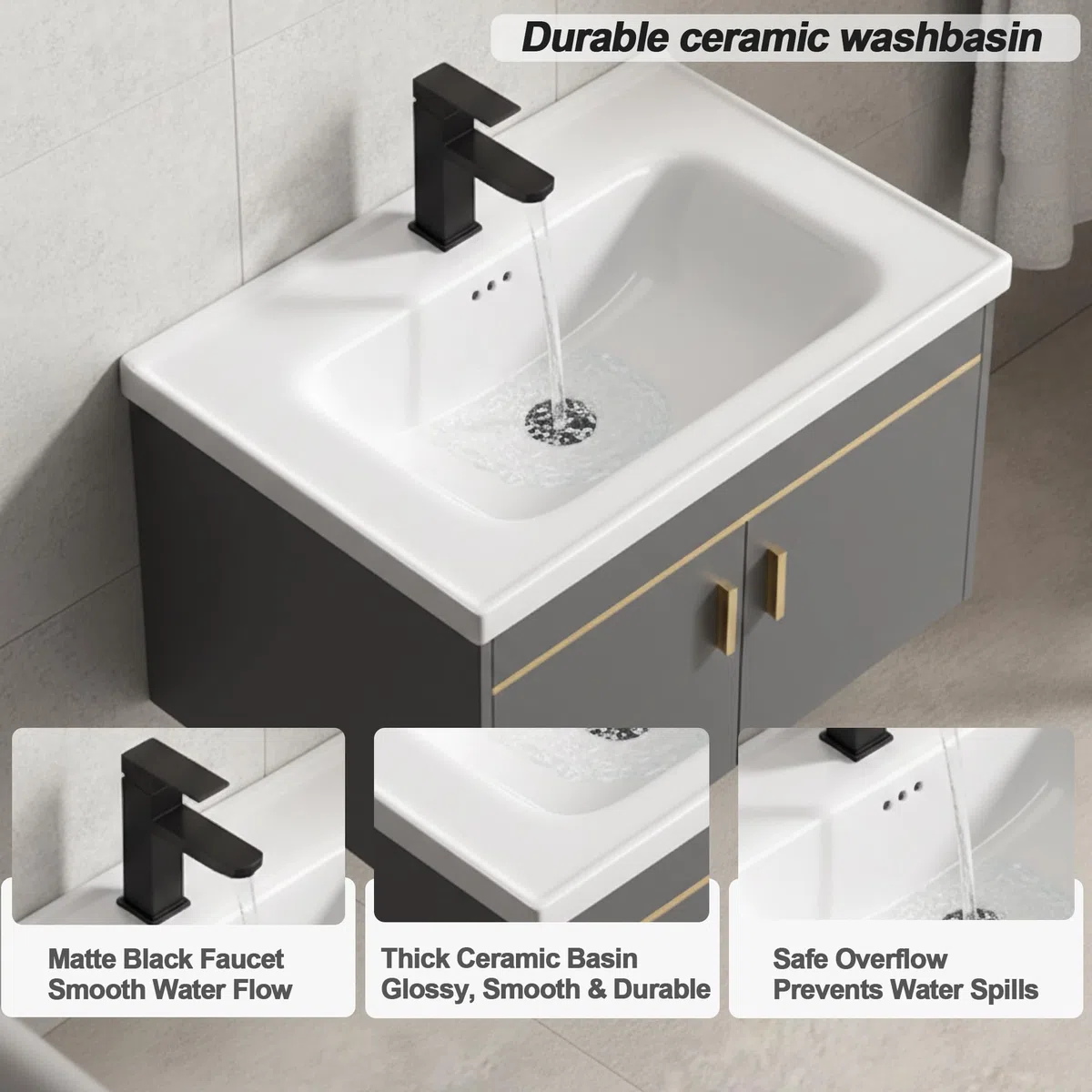 Set di mobili da bagno 60cm con lavabo e armadietto a specchio, mobiletto sottolavabo a parete in legno di pino, lavabo in ceramica con rubinetto e scarico, set di mobili da bagno per bagno (grigio