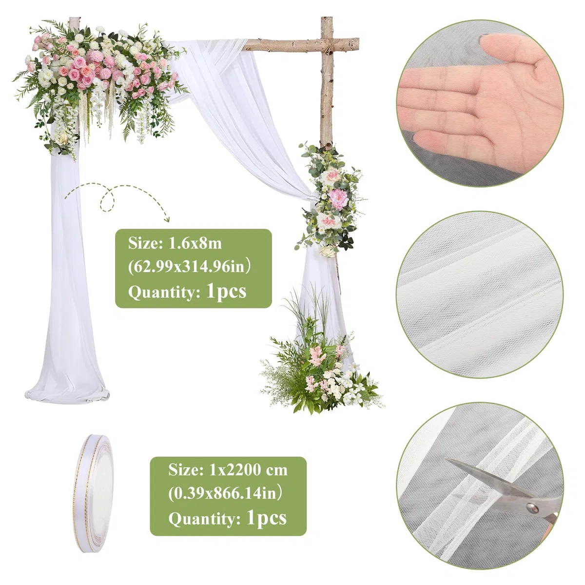 Tenda per Matrimonio Decorazione a Mano Libera per Arco di Nozze e Uva a Baldacchino Tenda per Finestre Mantovane in Tessuto Chiffon (Bianco 160 x 800 cm