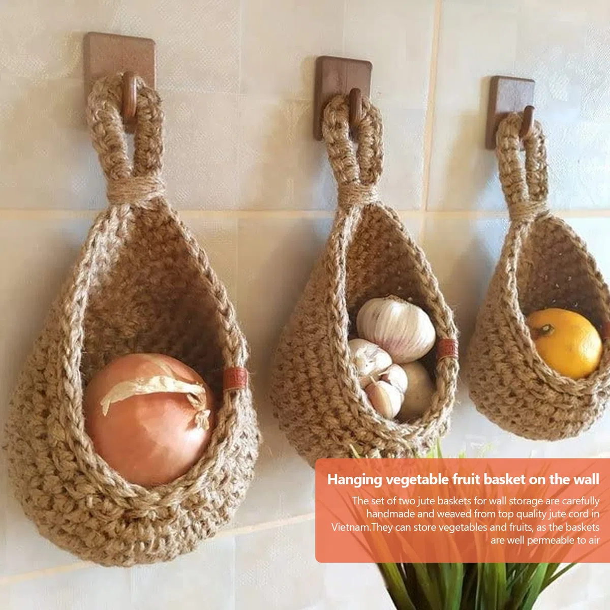 Cestini di Frutta da Appendere (Set di 3), Cestini da Appendere in Iuta, Cestini Portaoggetti da Appendere Intrecciati a Mano per Cucina Domestica Cesto Portaoggetti da Parete Frutta Verdura Snack