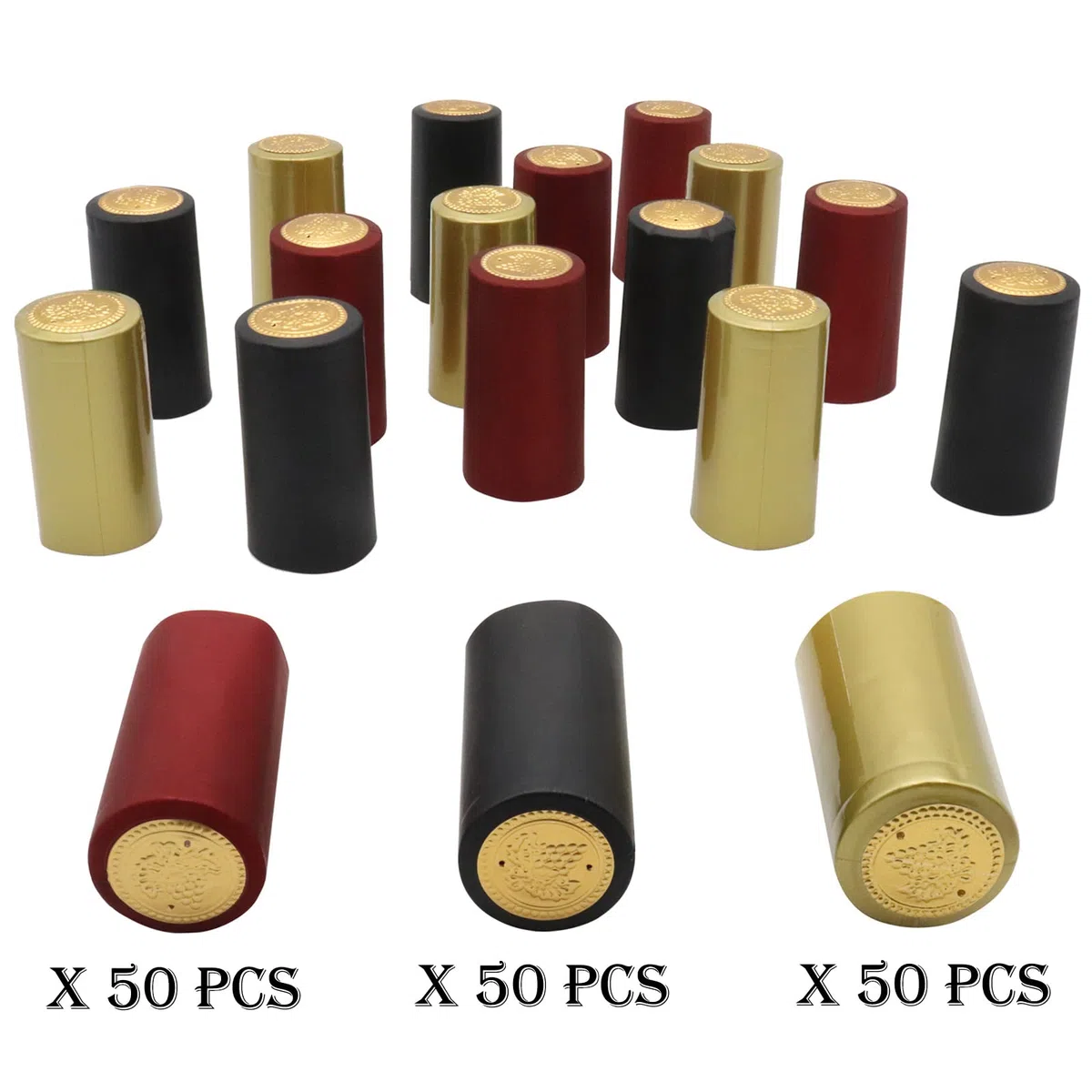 Cappucci Termoretraibili Tappo 150 Pcs Capsule Bottiglia di Vino in PVC Shrink Caps (Nero Oro Rosso)