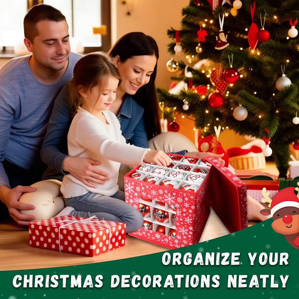 Porta Palline Natale, Cassa per 64 Palline, per Proteggere e Organizzare Le Decorazioni Dell'Albero, 30x30x30cm