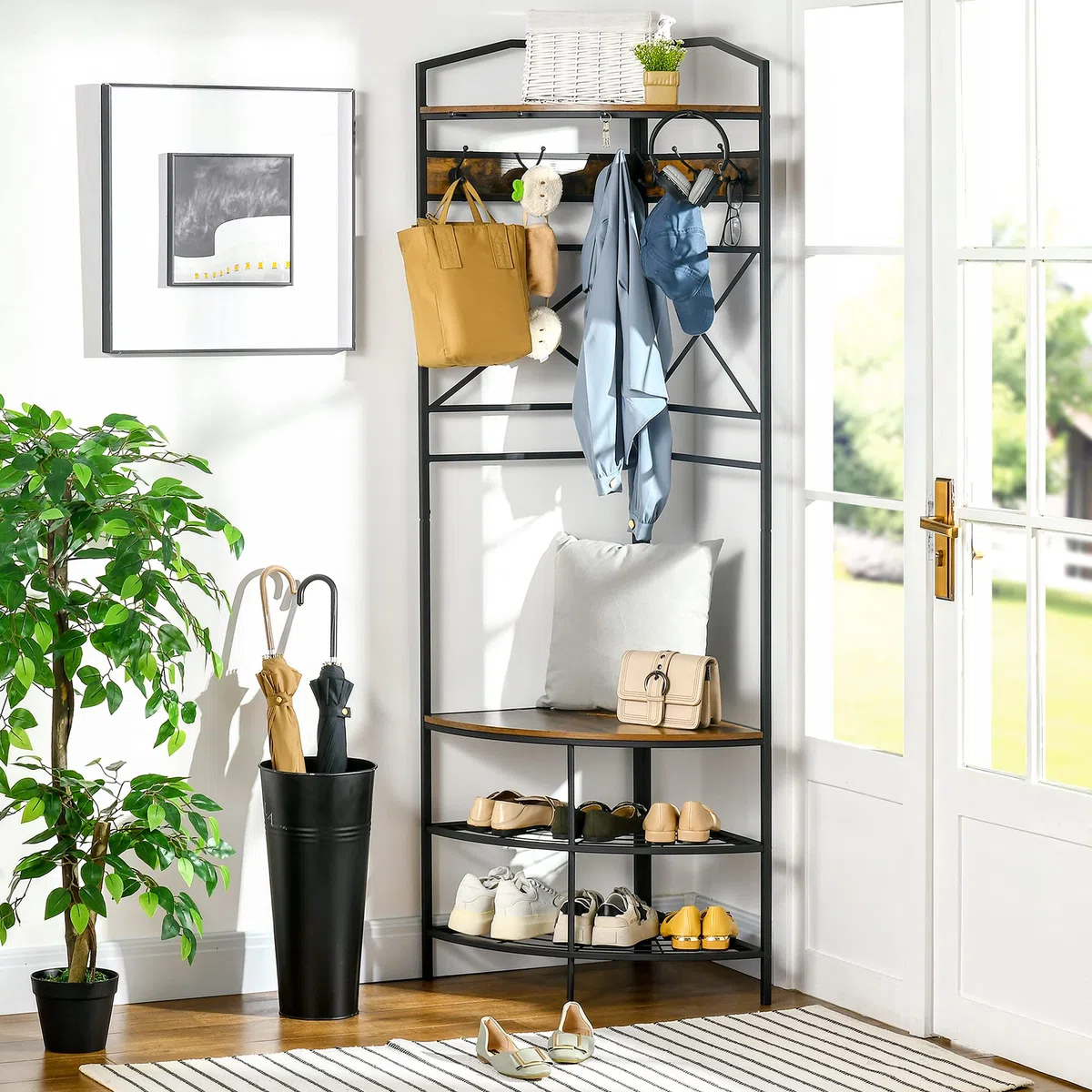 HOMCOM Attaccapanni da Terra con Ganci, Mobile Ingresso Appendiabiti da Terra Angolare con Panca e Scarpiera, Mensola in Stile Industriale, 50x50x183cm, Marrone