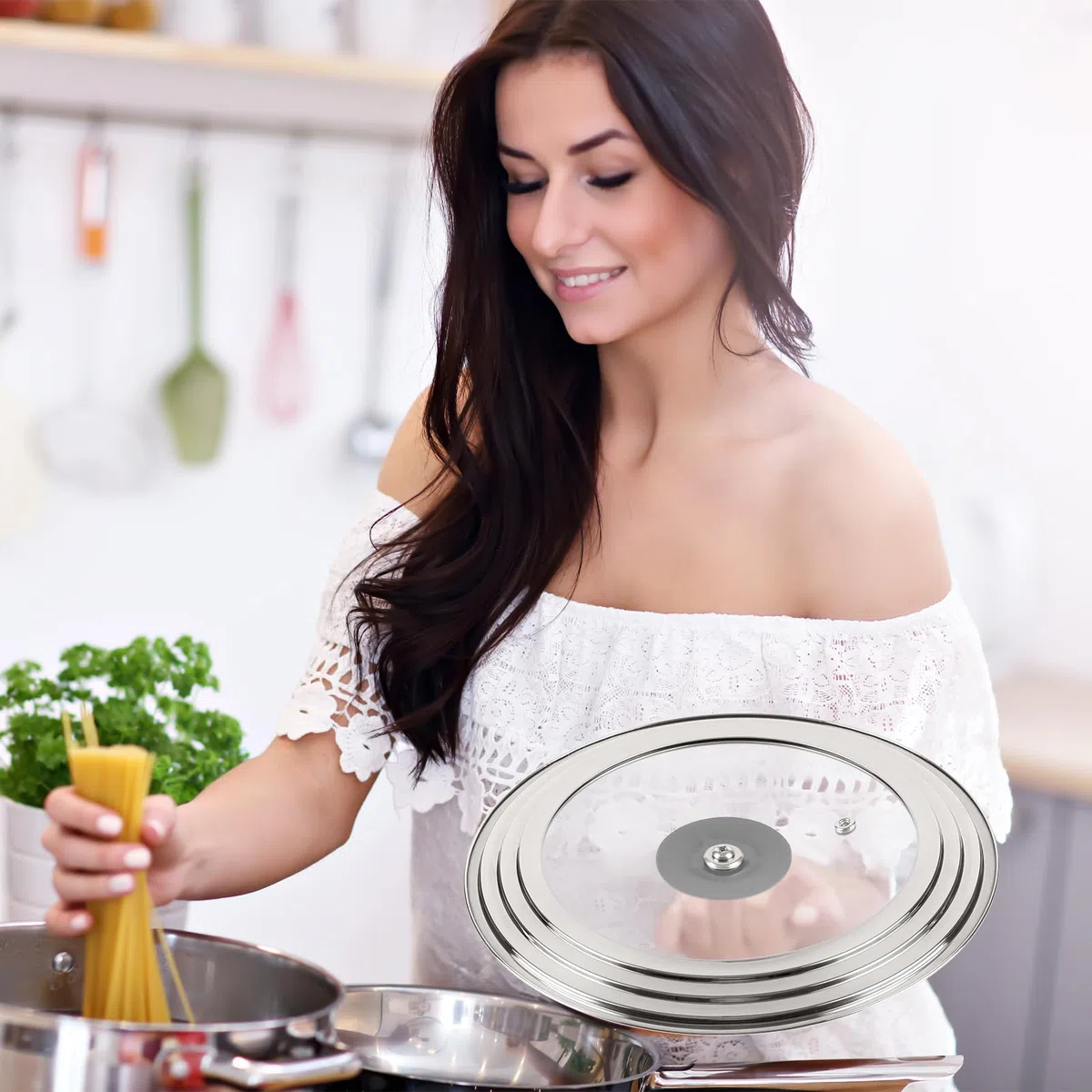 Coperchio universale per padelle, 22/24/26 cm, bordo in acciaio inox | Coperchio universale per padelle con manico