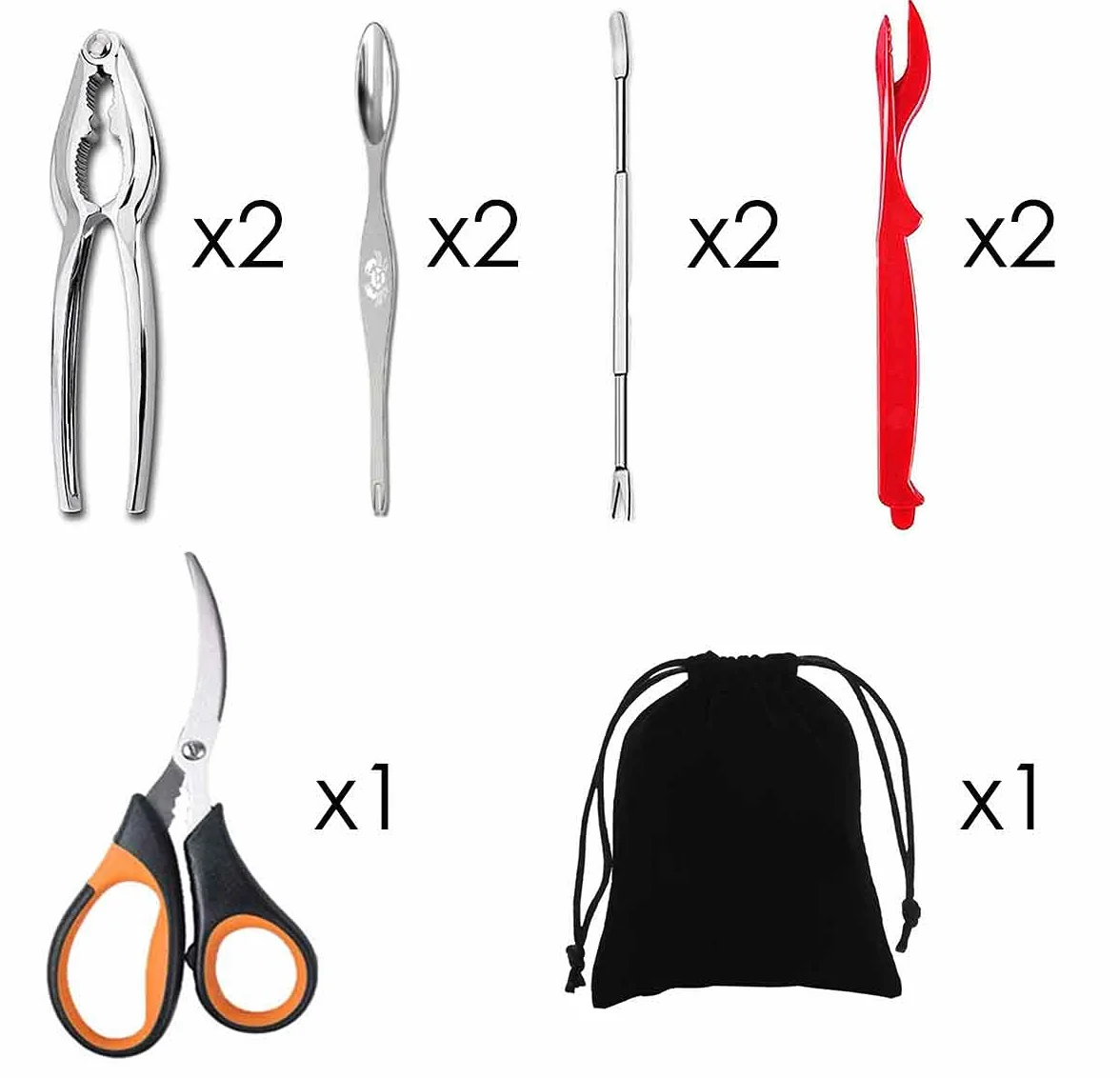 Artcome Set di strumenti per frutti di mare: 2 cracker per granchi, 2 sgusciatori per aragosta, 2 forchette per frutti di mare, 2 forchette larghe per granchi, 1 forbici per frutti di mare e 1