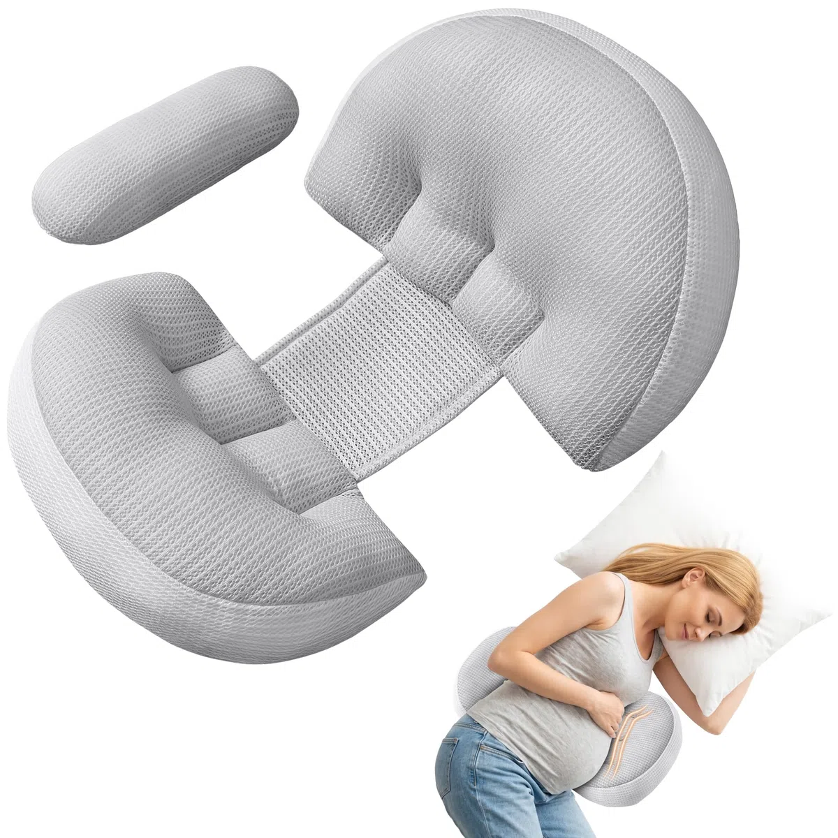 Cuscino Gravidanza, Cuscino Gravidanza Per Dormire, Per Dormire Sul Fianco, Confortevole, Altamente Elastico, Traspirante, Allevia Il Dolore Alla Schiena e Alla Zona Lombare (Grigio)