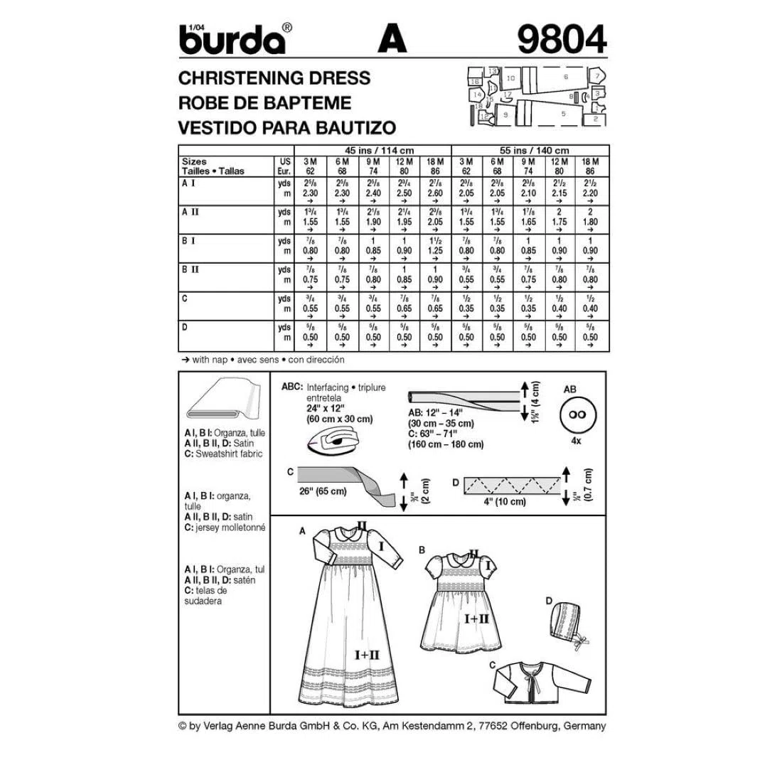 Burda 9804 - Cartamodello per Abito Battesimo, Taglie: 62-86 cm