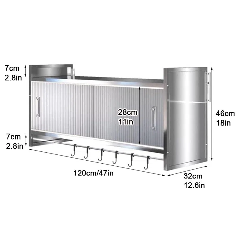 Armadietto da cucina in acciaio inossidabile, organizer di grande capacità con ante scorrevoli in acrilico, design a parete e asta per appenderlo, funzionale 119,4 x 32 x 45,7 cm, salvaspazio