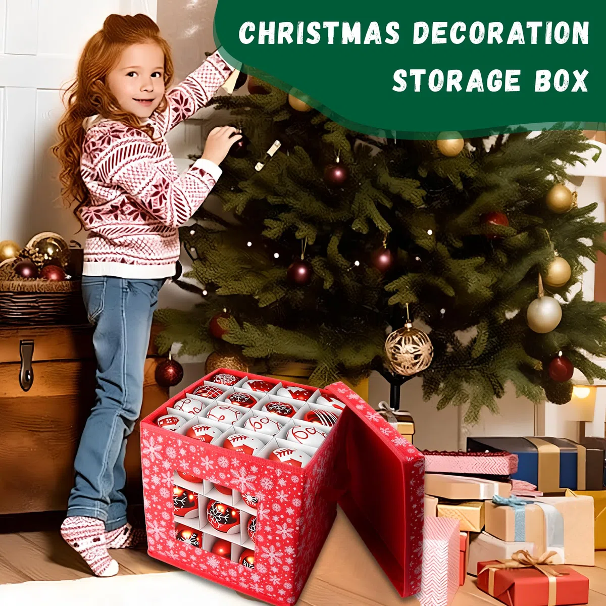 Porta Palline Natale, Cassa per 64 Palline, per Proteggere e Organizzare Le Decorazioni Dell'Albero, 30x30x30cm