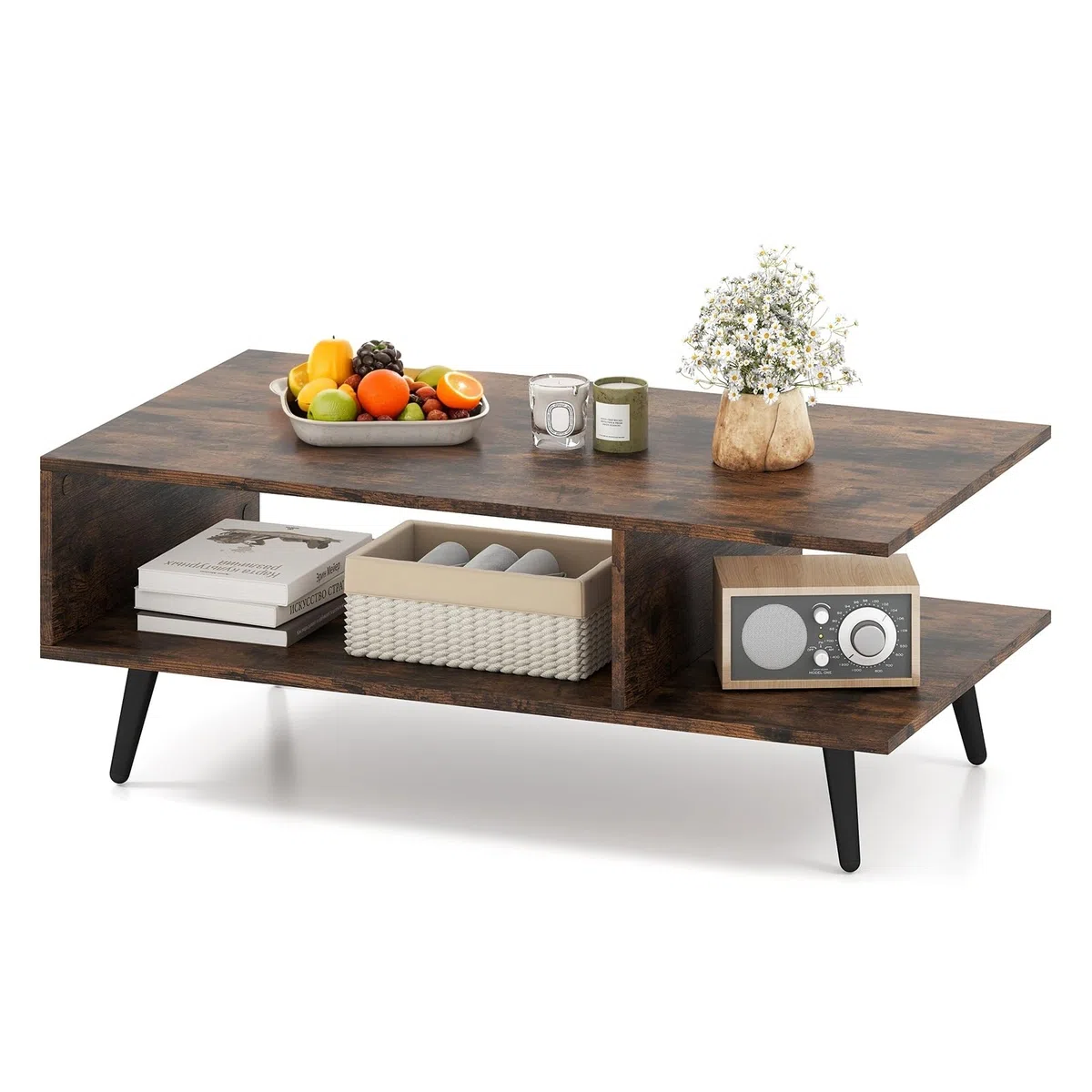LIFEZEAL Tavolino Salotto, Tavolino Basso da Caffè, da Divano, a 2 Ripiani, con 2 Scomparti Aperti, Gambe in Metallo, Moderno, per Soggiorno, Montaggio Semplice, 80x45x30cm, Max 80kg (marrone)