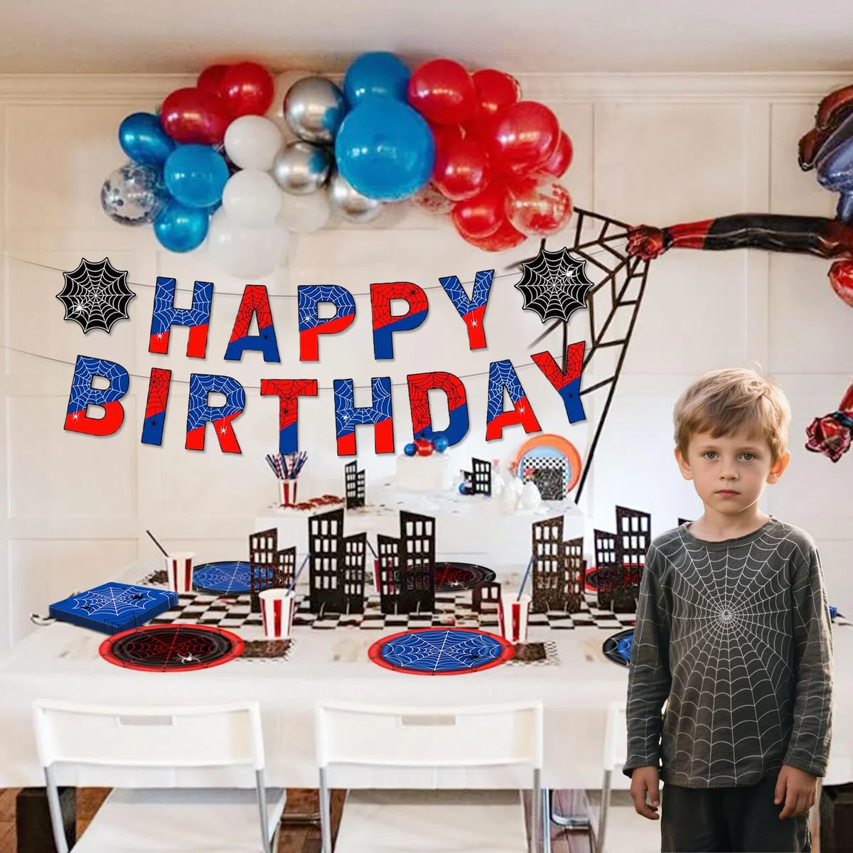 LaVenty striscioni compleanno rossi e neri stoviglie festa supereroi set stoviglie ragno articoli compleanno bambini decorazioni feste set stoviglie party