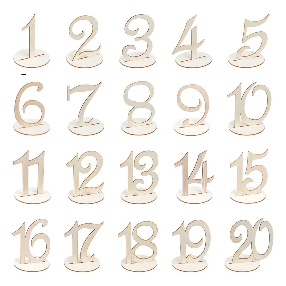 FINGERINSPIRE Numeri da Tavolo in Legno con Base di Supporto 10cm di Altezza Numeri in Legno 1-20 Numeri a Forma di Numero Decorazione da Tavolo in Legno per Feste di Nozze, ricevimento e Eventi